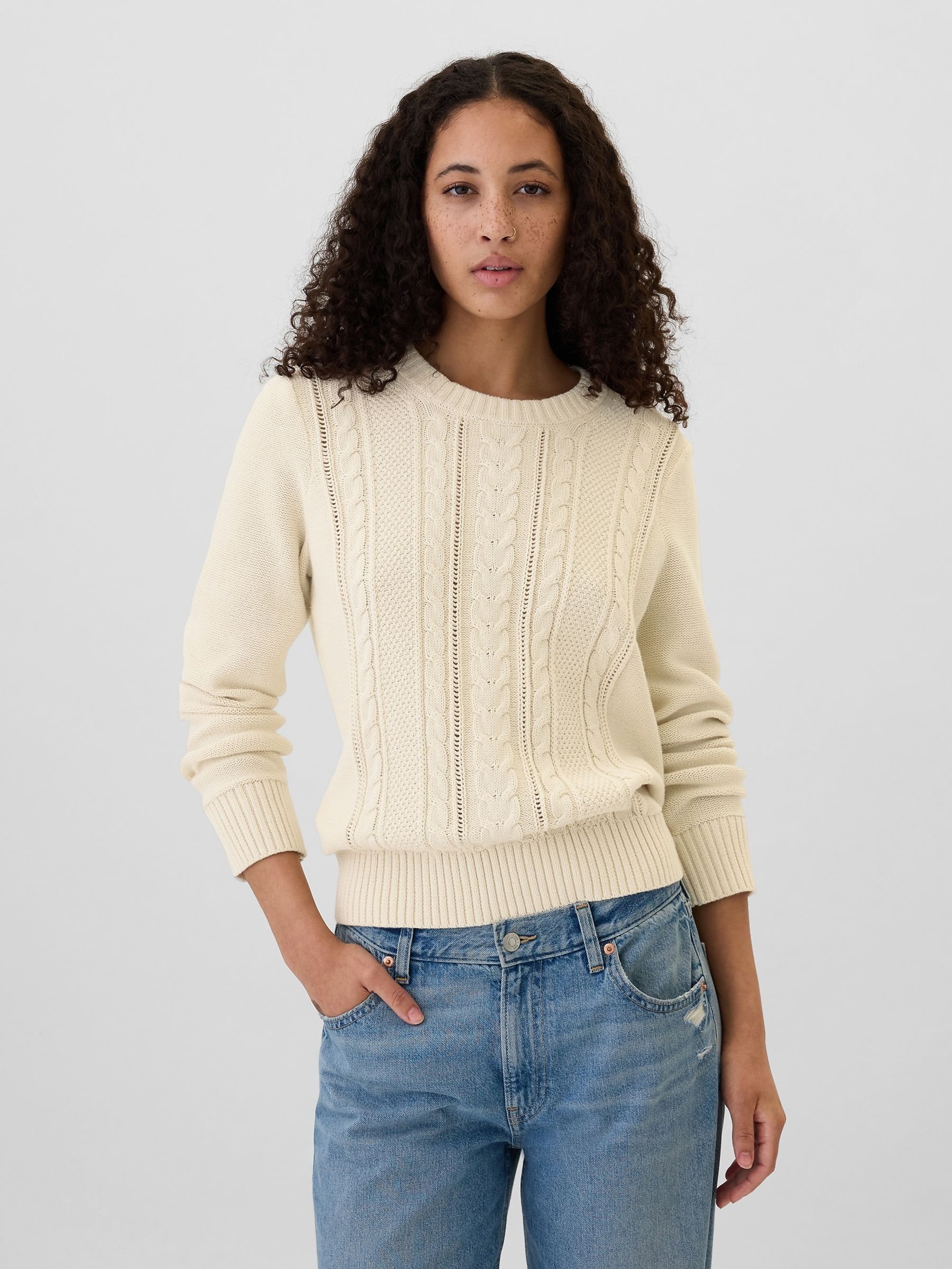 Cream 100% Cotton Cable Knit Crew Neck Jumper Gap