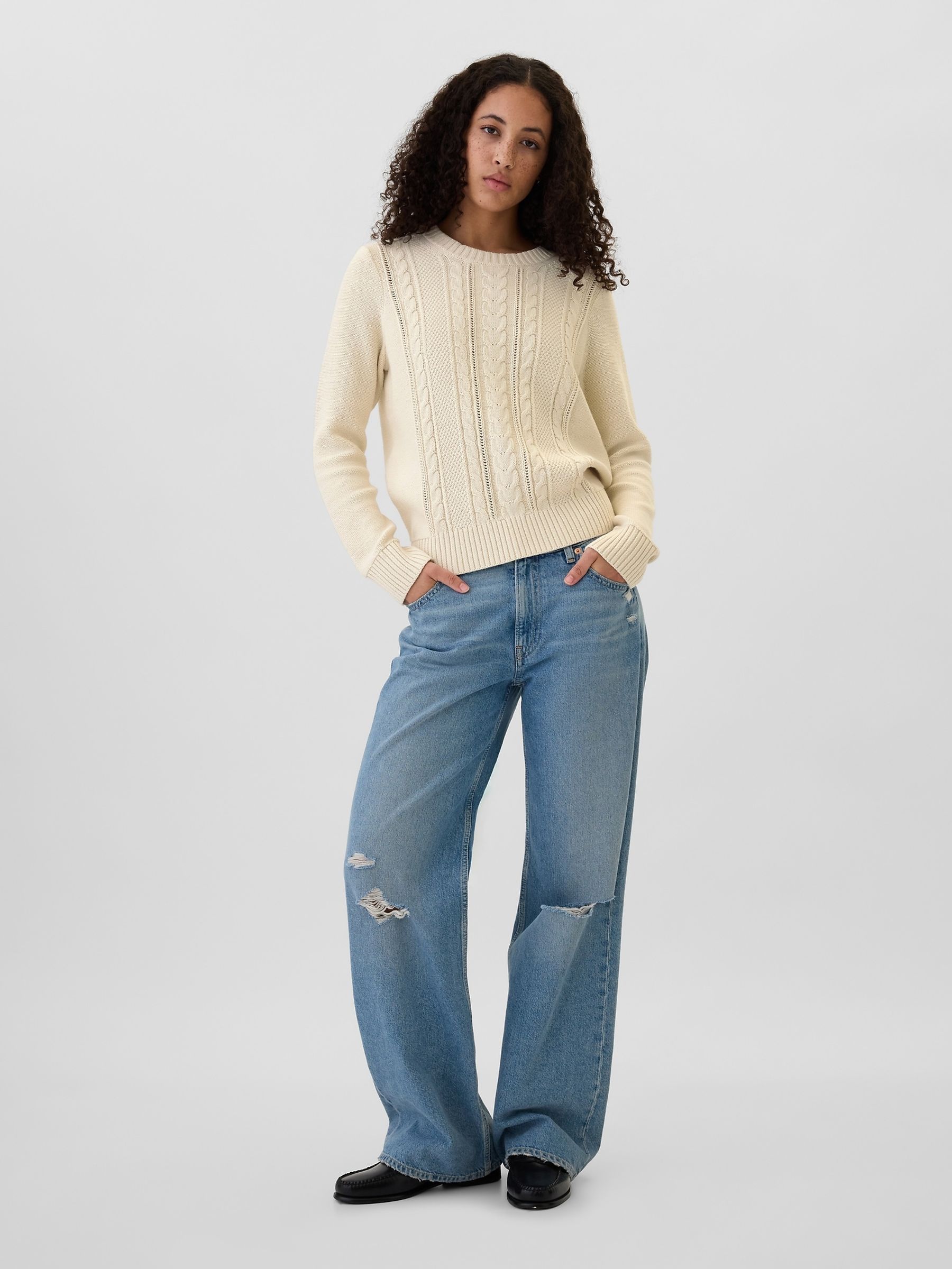 Cream 100% Cotton Cable Knit Crew Neck Jumper - Image 3 of 5