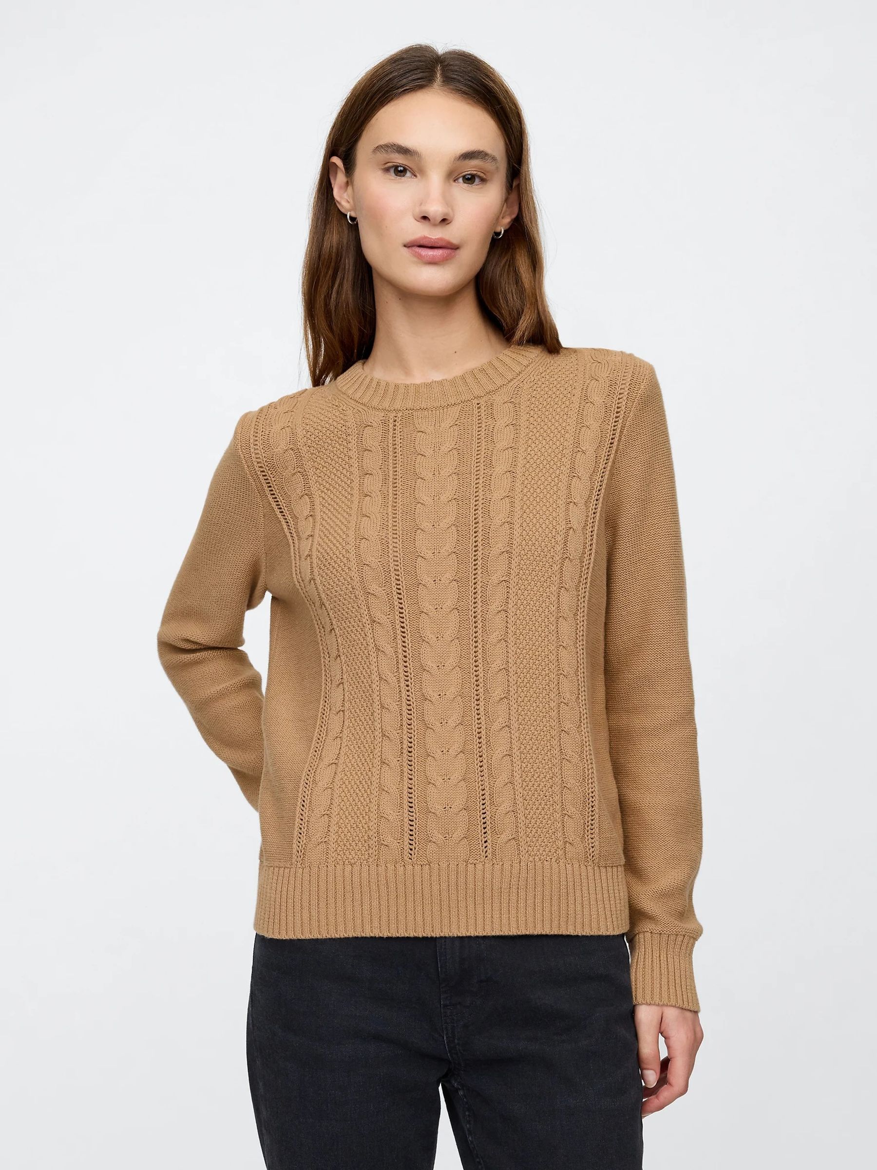 Brown 100% Cotton Cable Knit Crew Neck Jumper - Image 1 of 1
