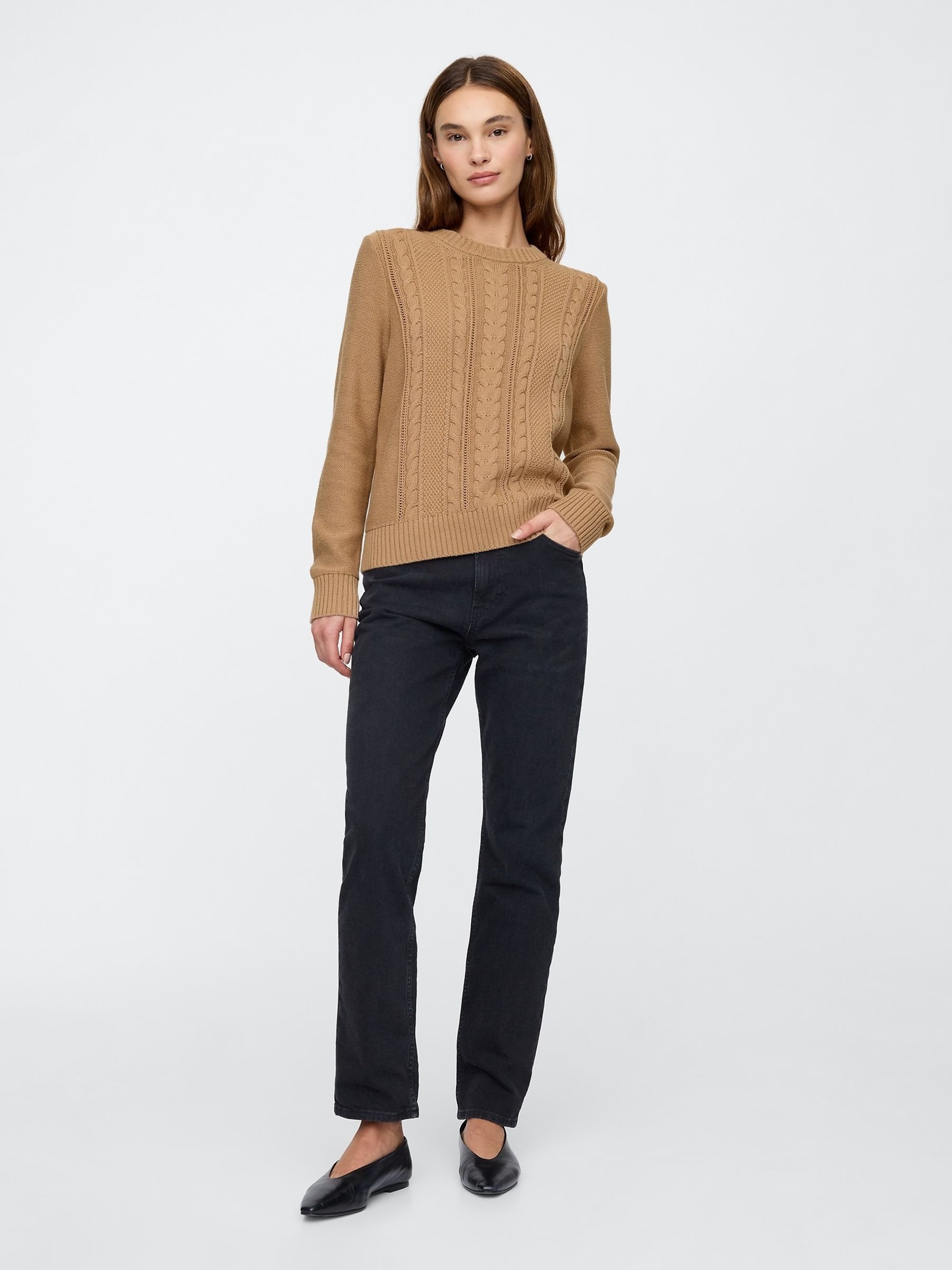 Brown 100% Cotton Cable Knit Crew Neck Jumper - Image 2 of 5