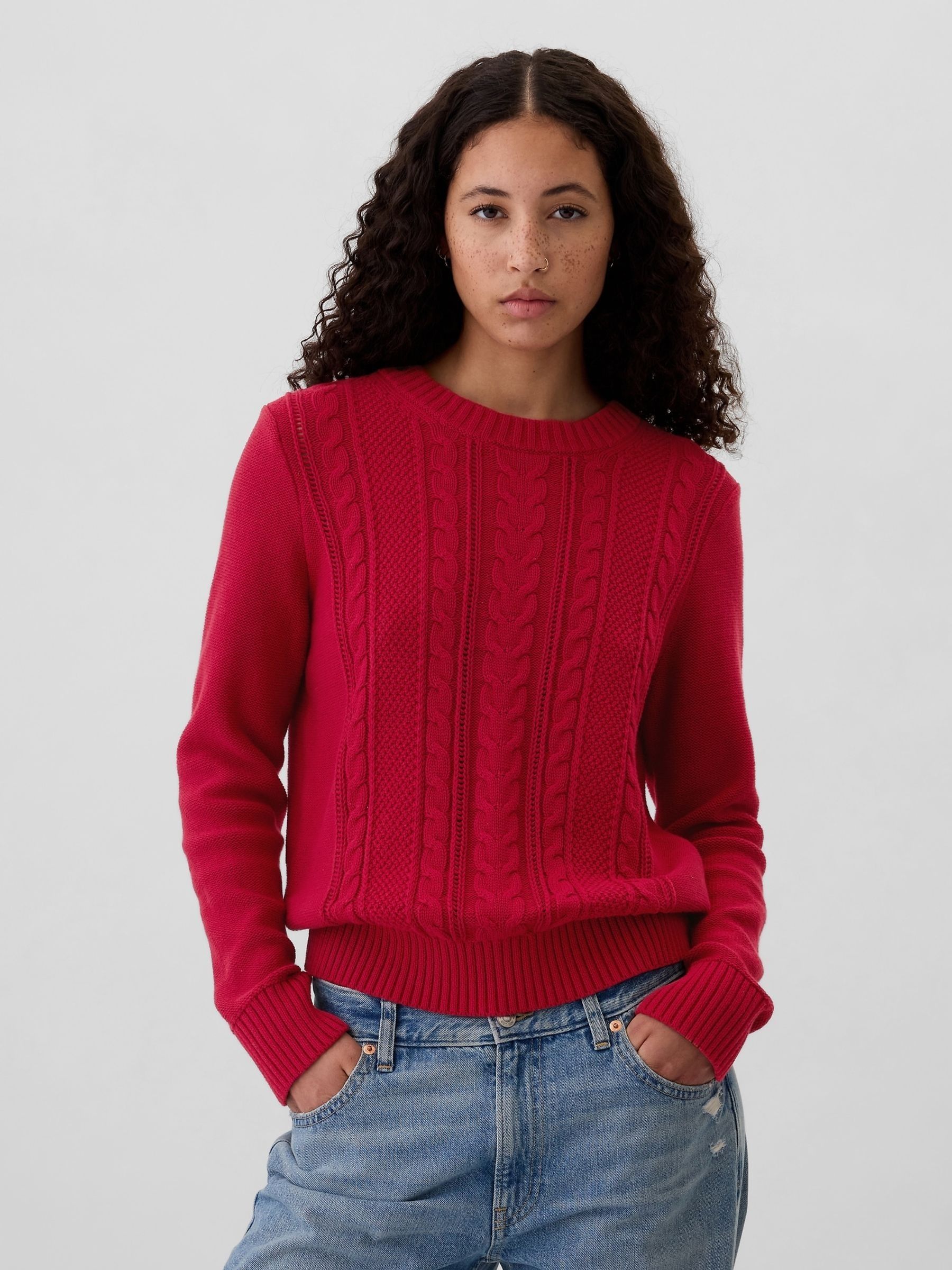Burgundy Red 100% Cotton Cable Knit Crew Neck Jumper - Image 1 of 4