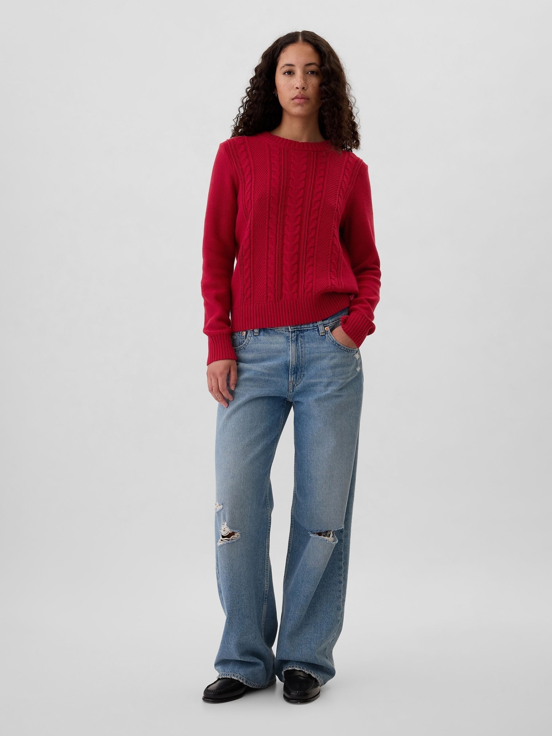 Burgundy Red 100% Cotton Cable Knit Crew Neck Jumper - Image 3 of 4