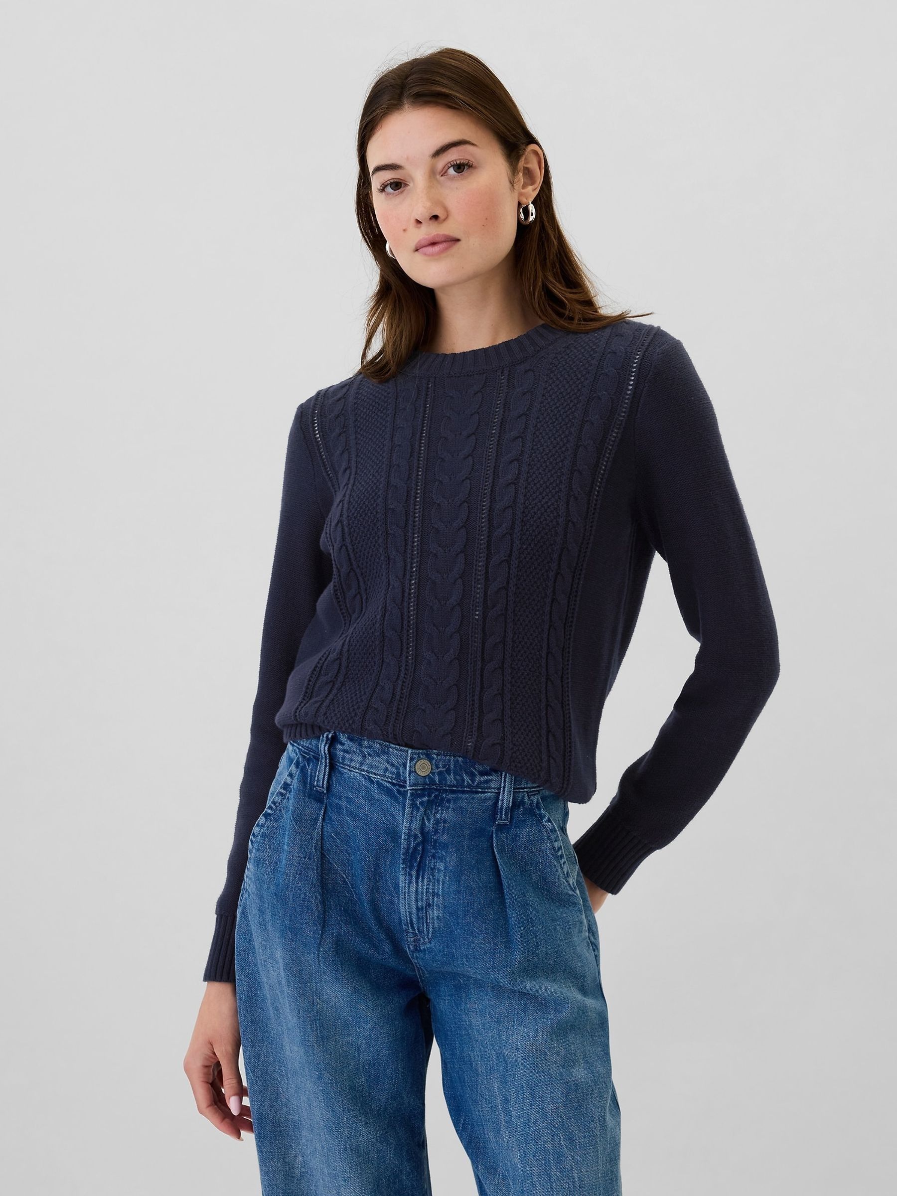 Navy Blue 100% Cotton Cable Knit Crew Neck Jumper Gap