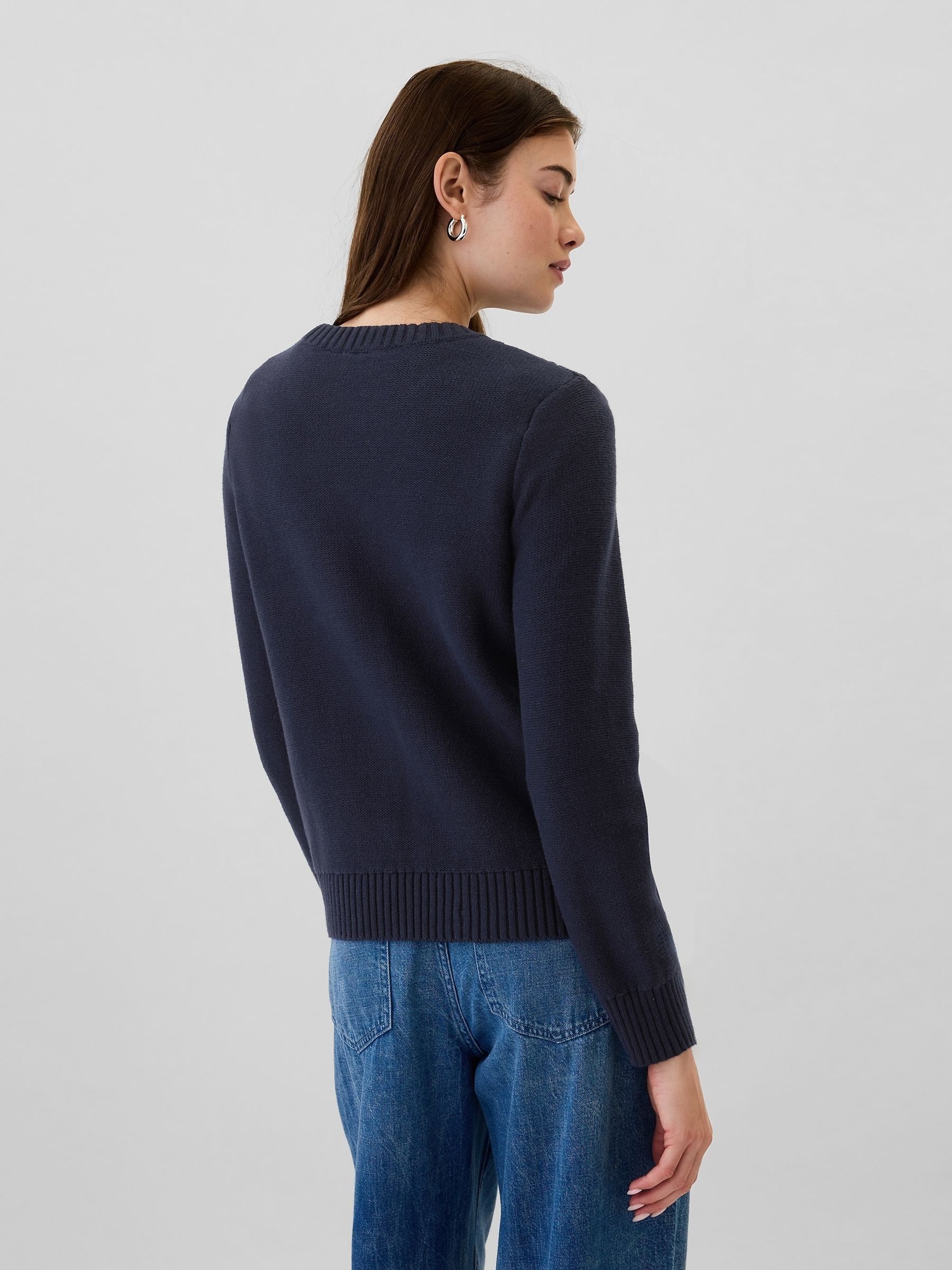 Navy Blue 100% Cotton Cable Knit Crew Neck Jumper - Image 2 of 5
