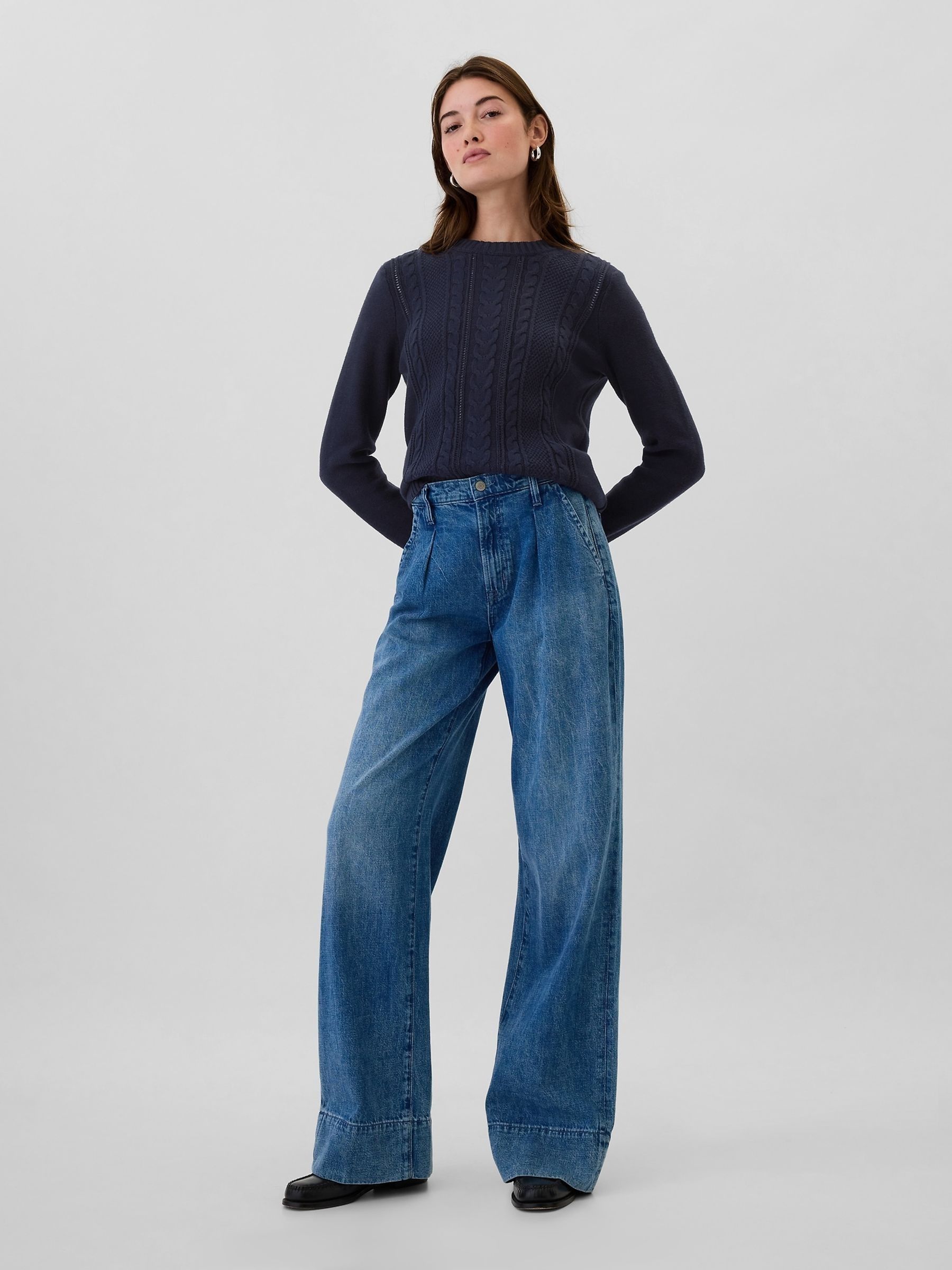 Navy Blue 100% Cotton Cable Knit Crew Neck Jumper | Gap