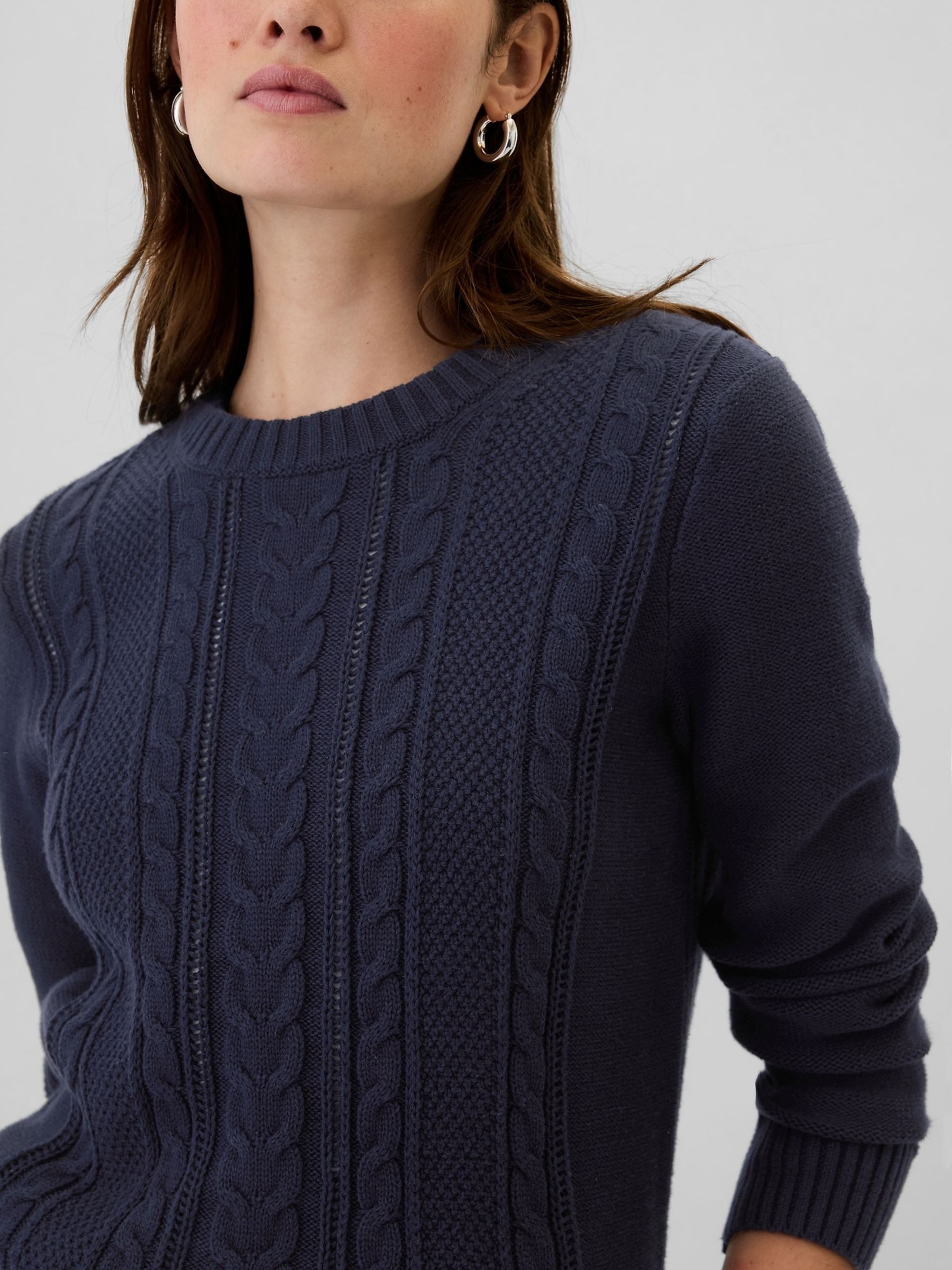 Navy Blue 100% Cotton Cable Knit Crew Neck Jumper - Image 4 of 5