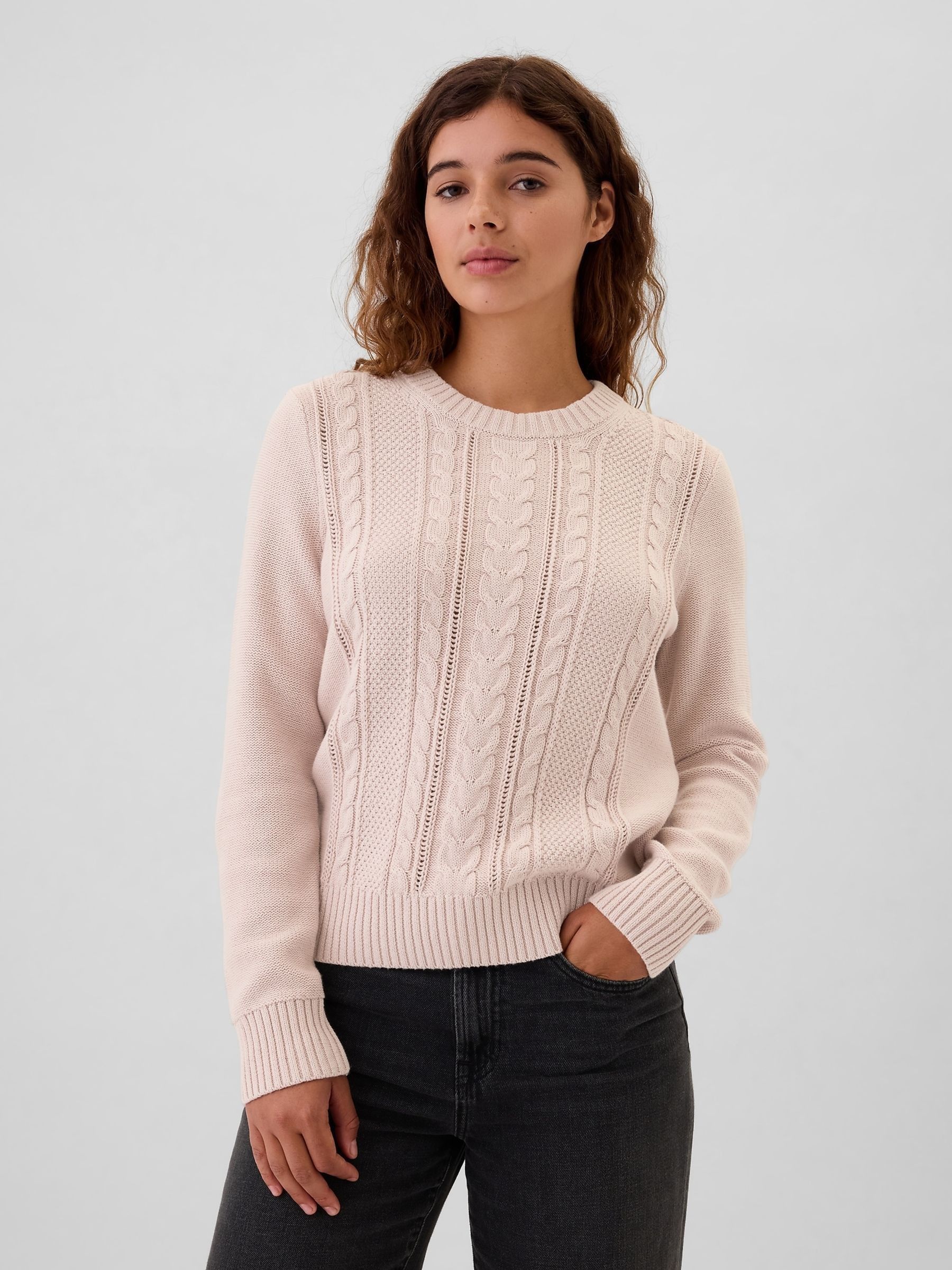 Pink 100% Cotton Cable Knit Crew Neck Jumper Gap