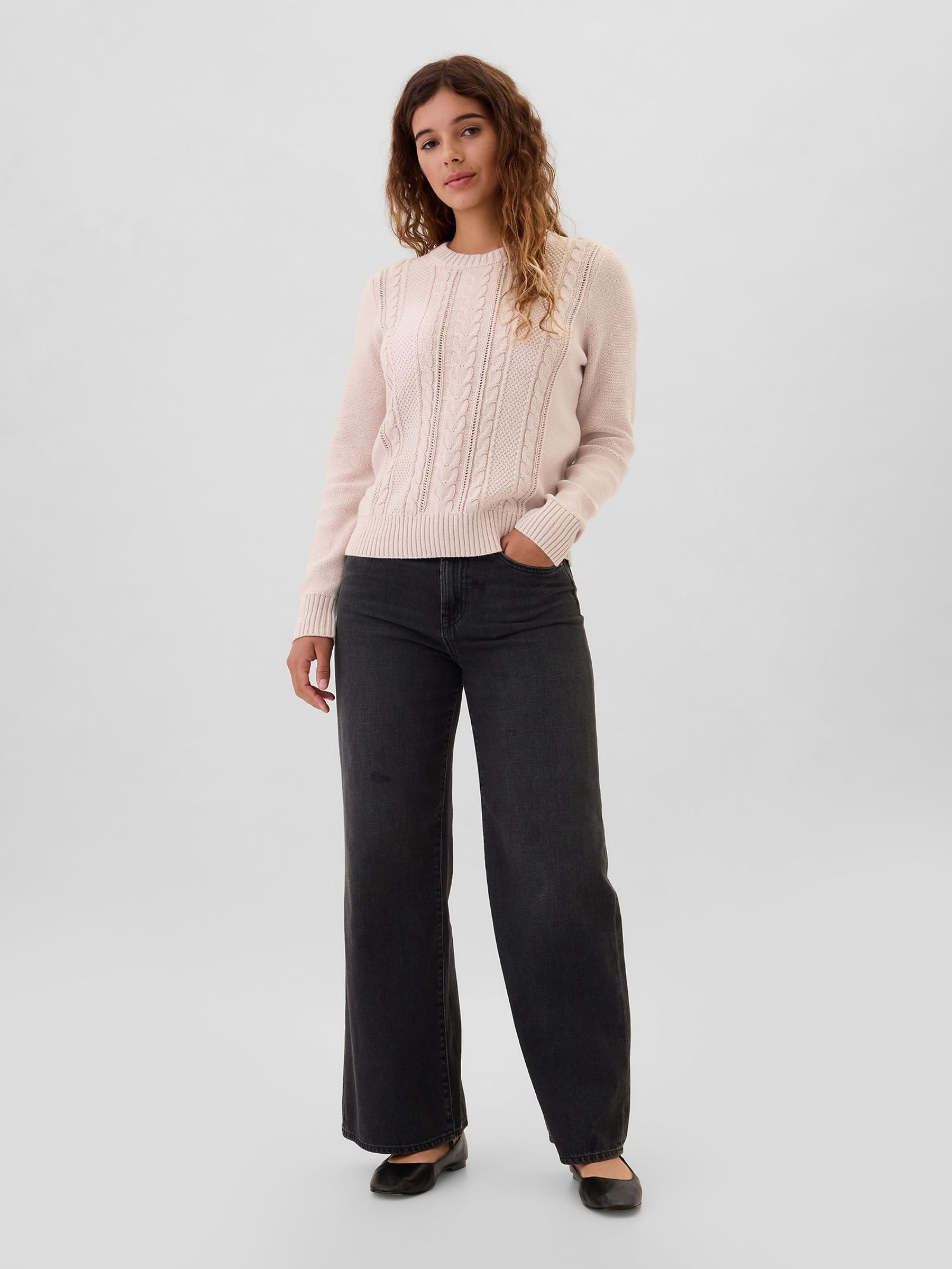 Pink 100% Cotton Cable Knit Crew Neck Jumper - Image 4 of 5