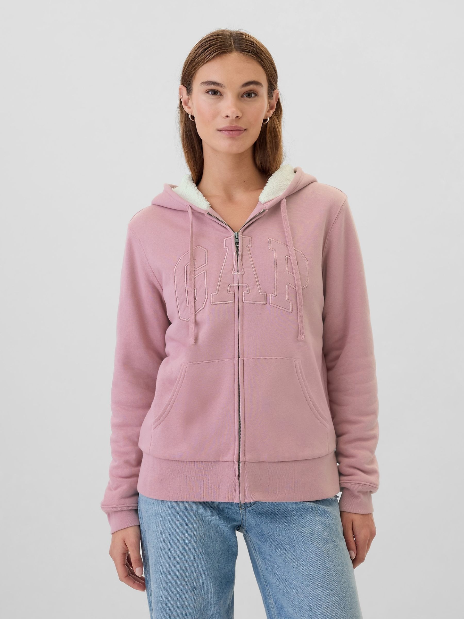 Pink Relaxed Logo Sherpa-Lined Zip Hoodie - Image 1 of 4