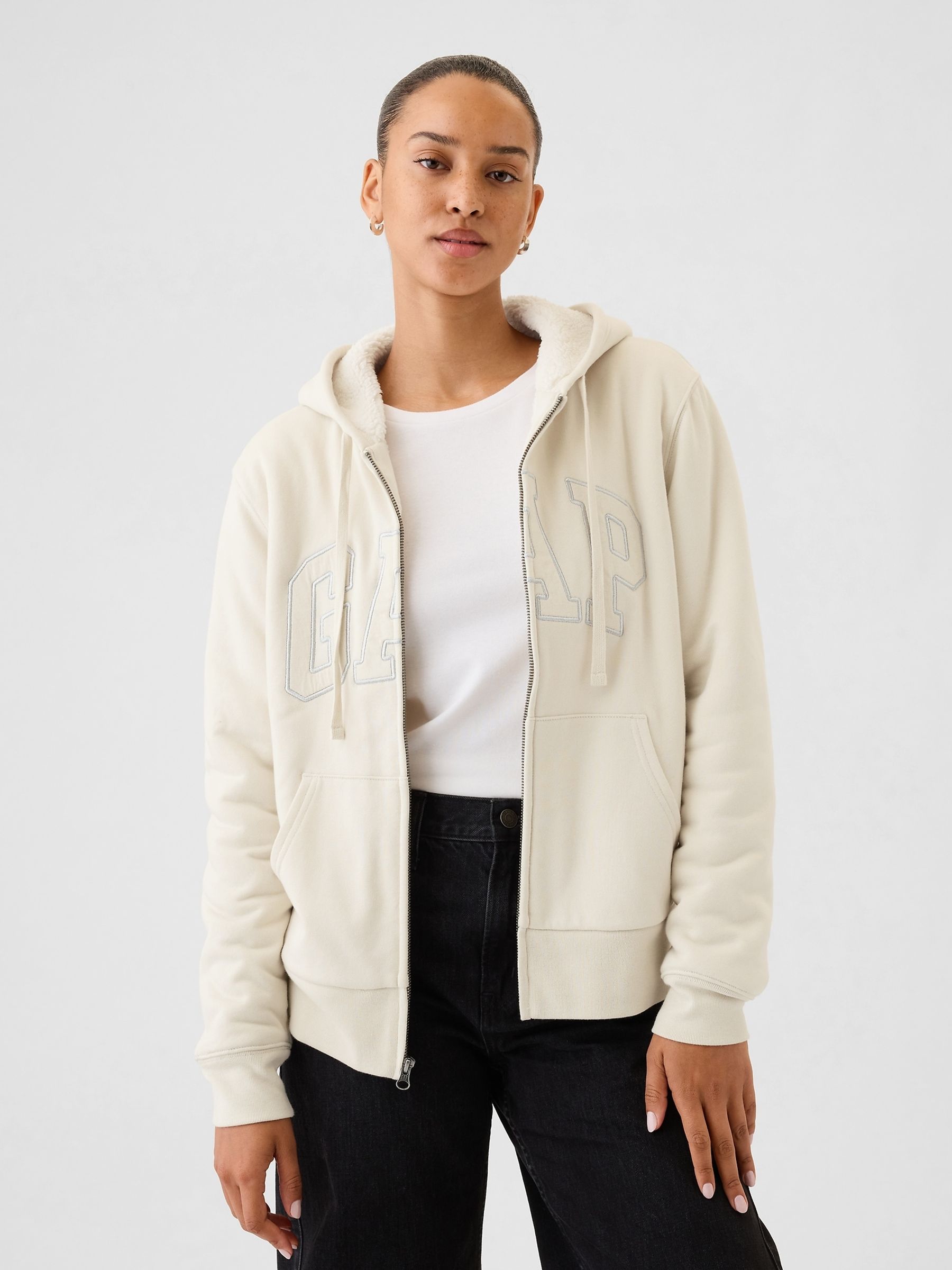 Beige Relaxed Logo Sherpa-Lined Zip Hoodie - Image 1 of 4