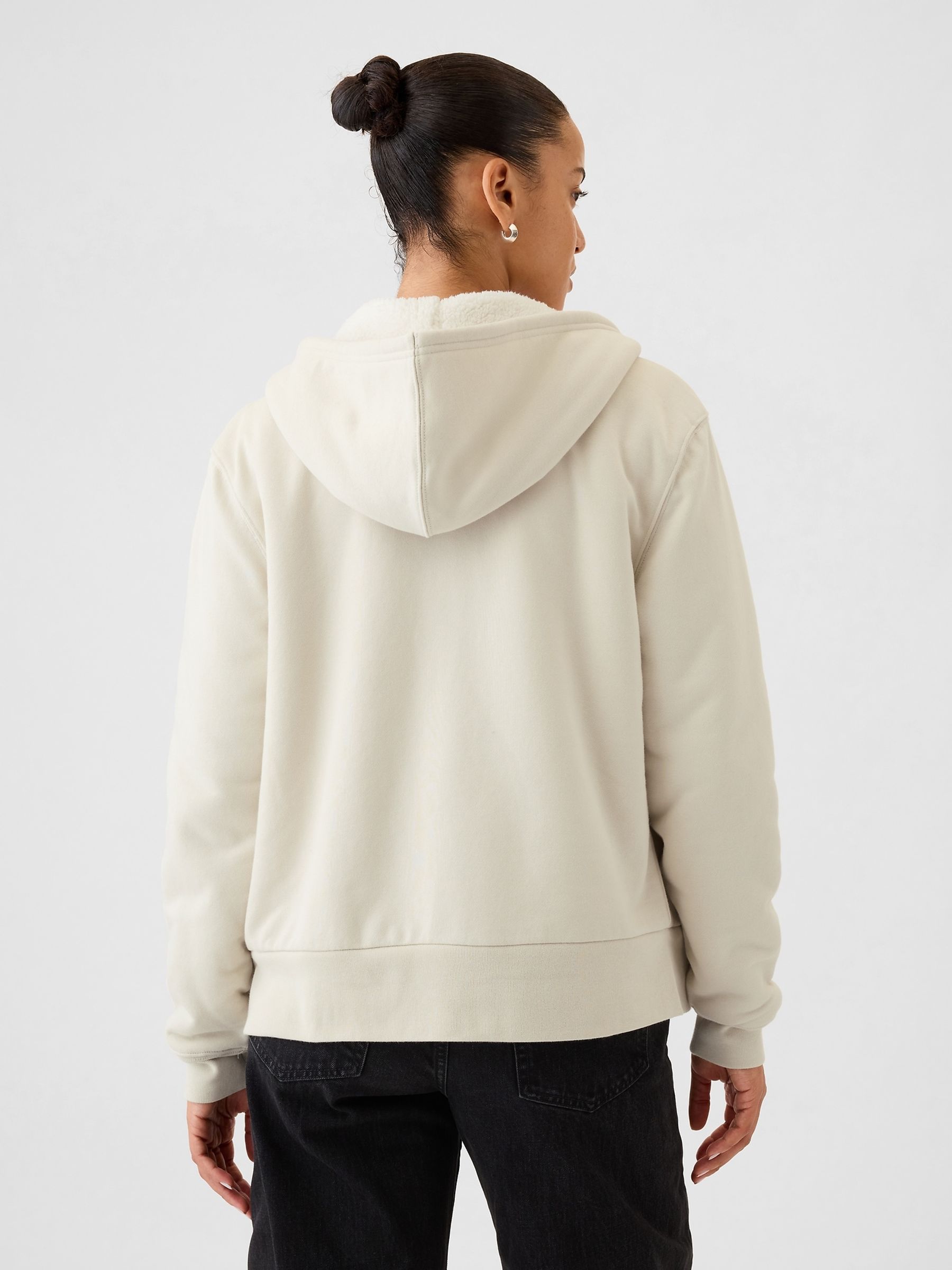 Beige Relaxed Logo Sherpa-Lined Zip Hoodie - Image 2 of 4