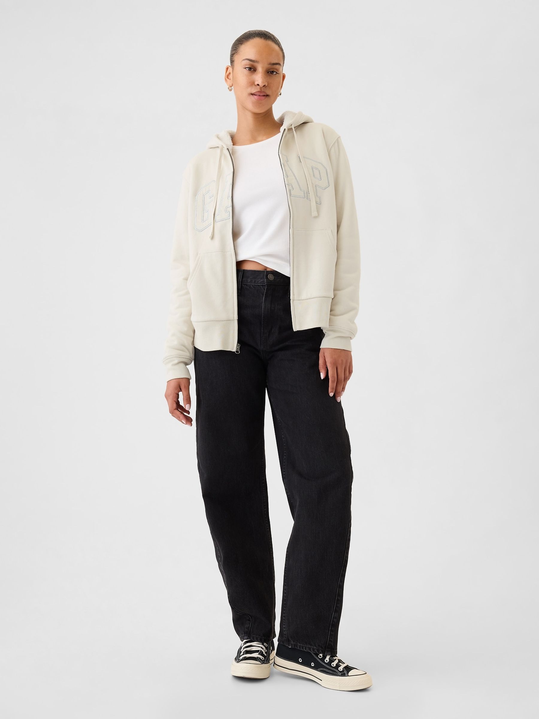 Beige Relaxed Logo Sherpa-Lined Zip Hoodie - Image 3 of 4