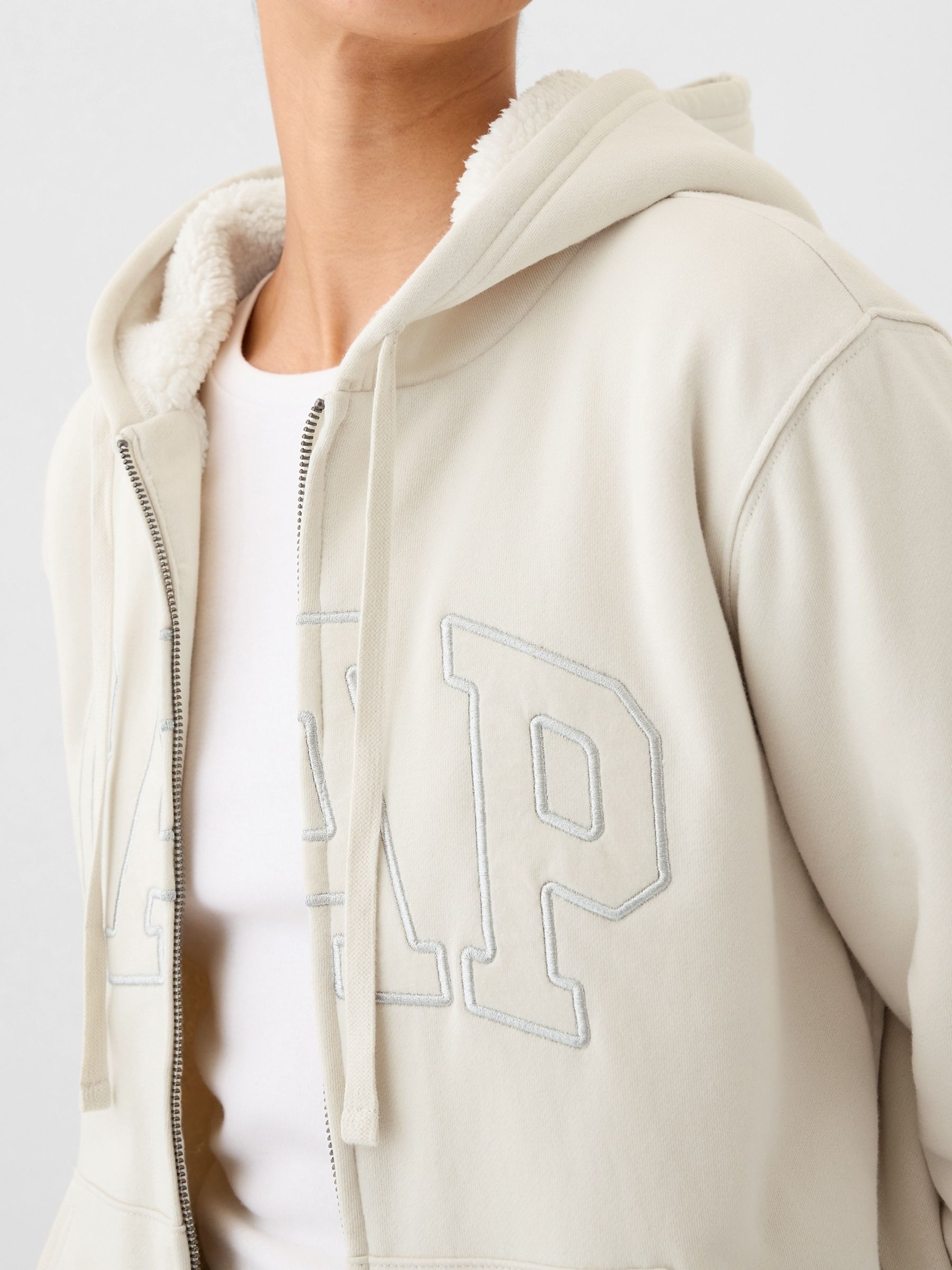 Beige Relaxed Logo Sherpa-Lined Zip Hoodie - Image 4 of 4