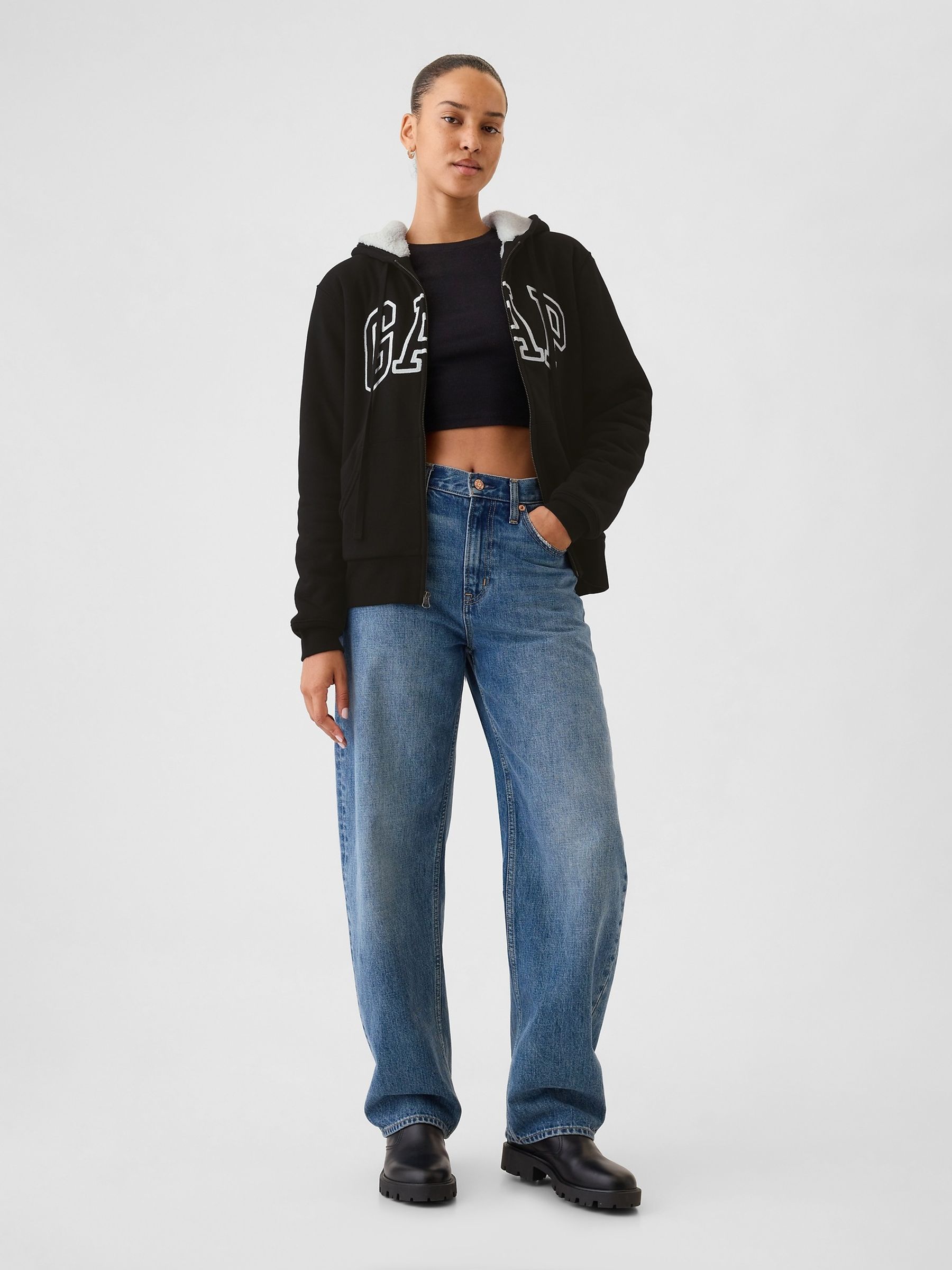 Black Relaxed Logo Sherpa-Lined Zip Hoodie - Image 3 of 5