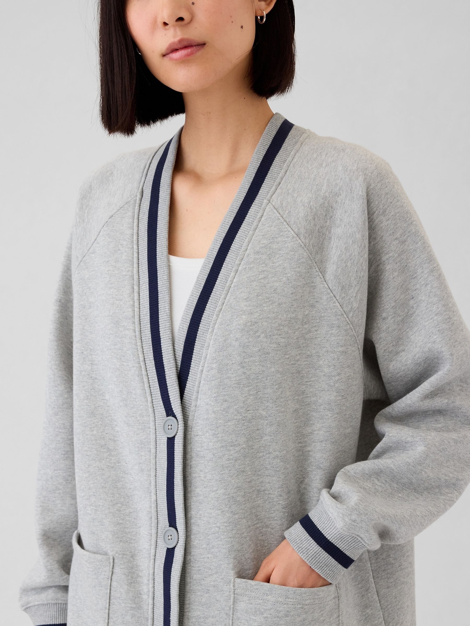 Grey Vintage Long Sleeve Oversized Pocket Varsity Cardigan - Image 4 of 5
