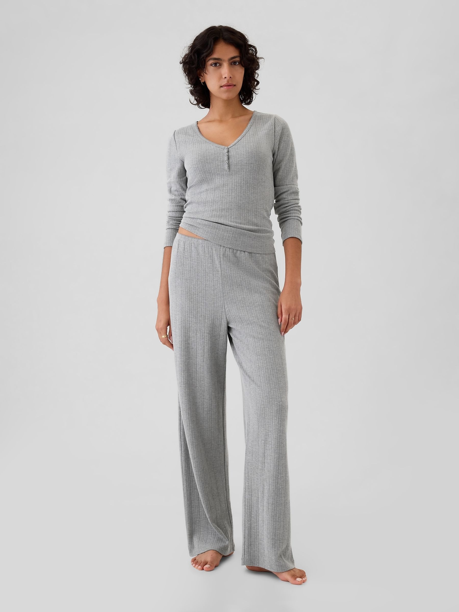 Grey Pointelle Henley Pyjama Top - Image 3 of 5