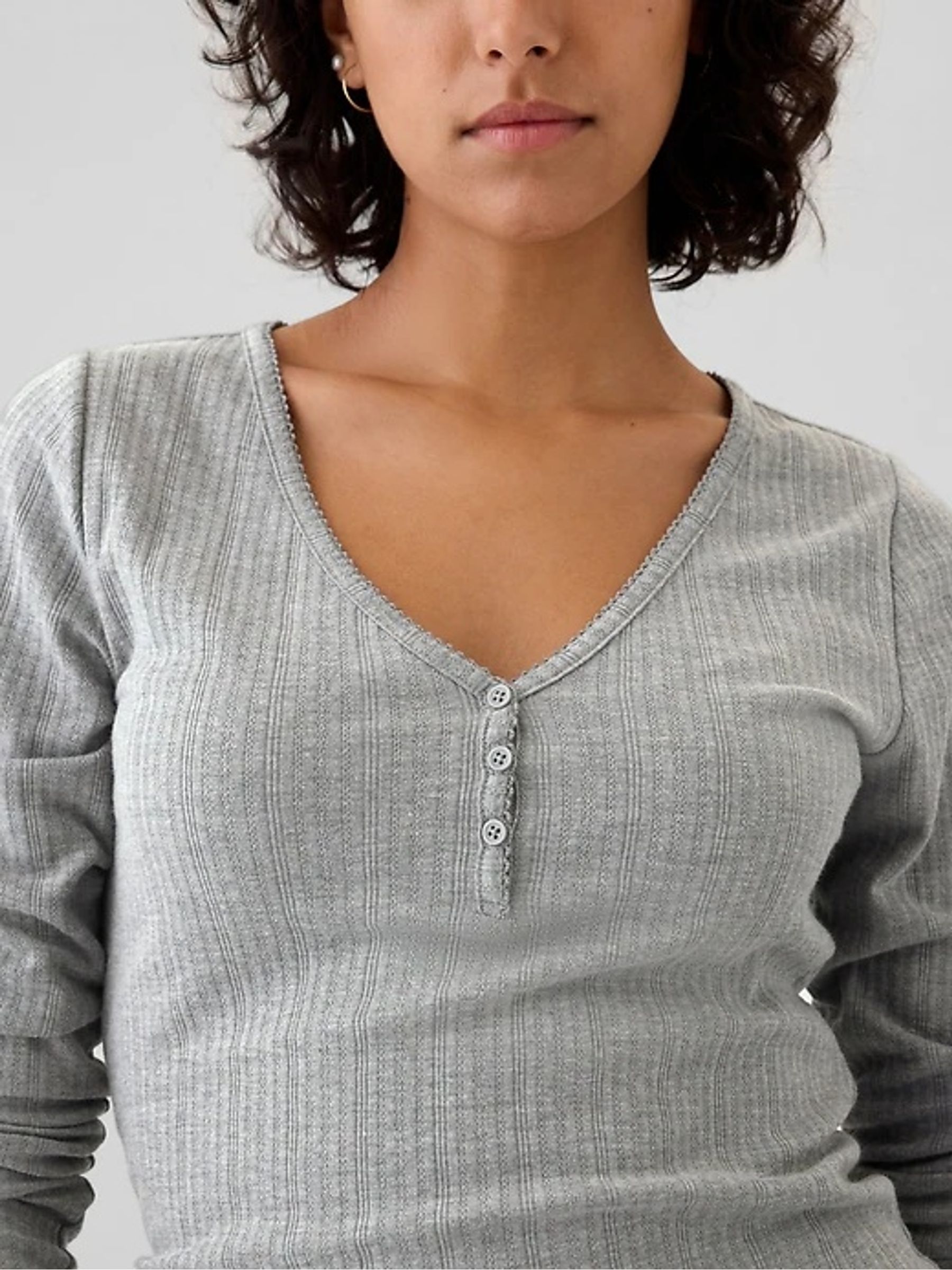 Grey Pointelle Henley Pyjama Top - Image 4 of 5