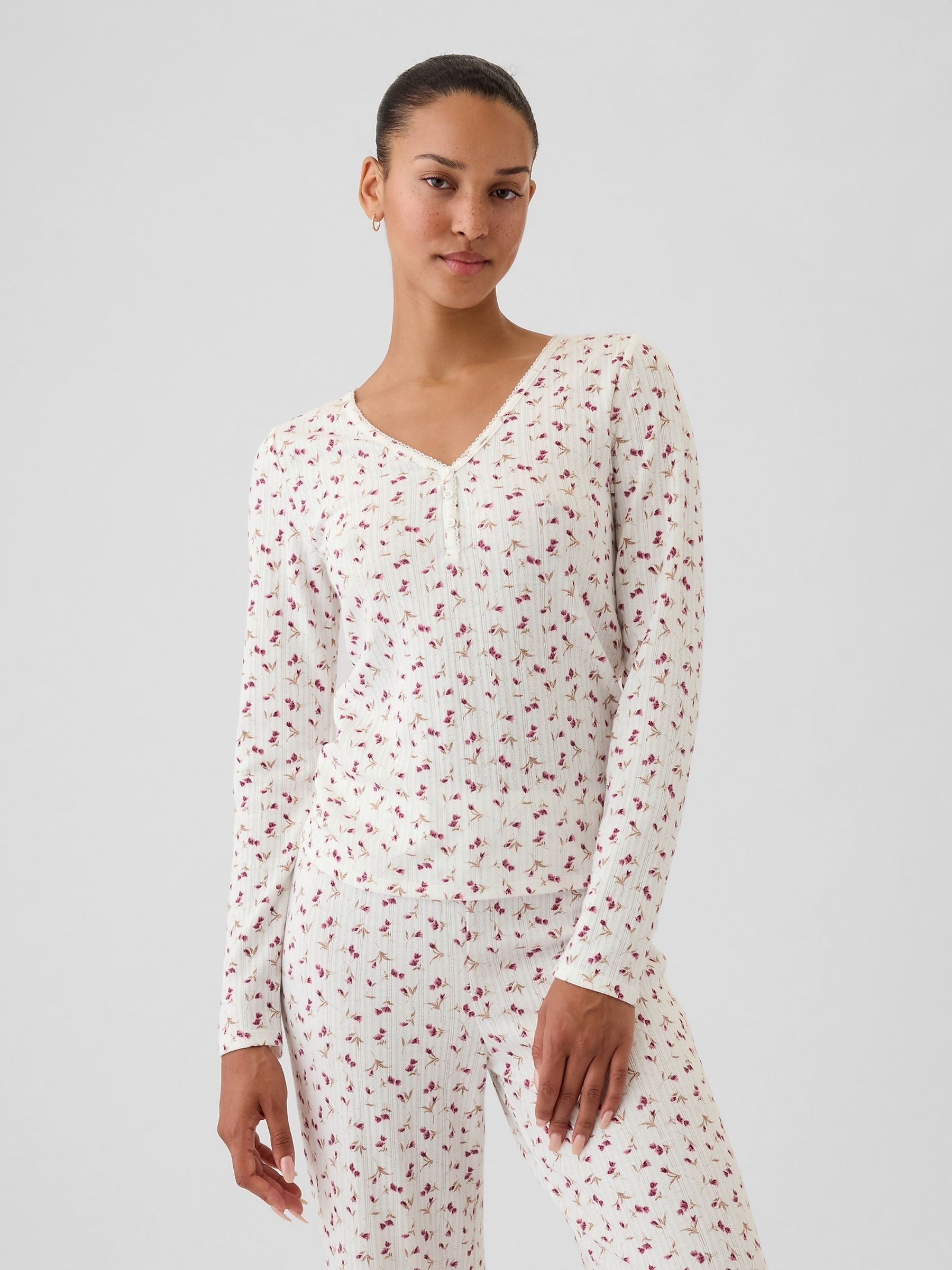 White Floral Pointelle Henley Pyjama Top - Image 1 of 1