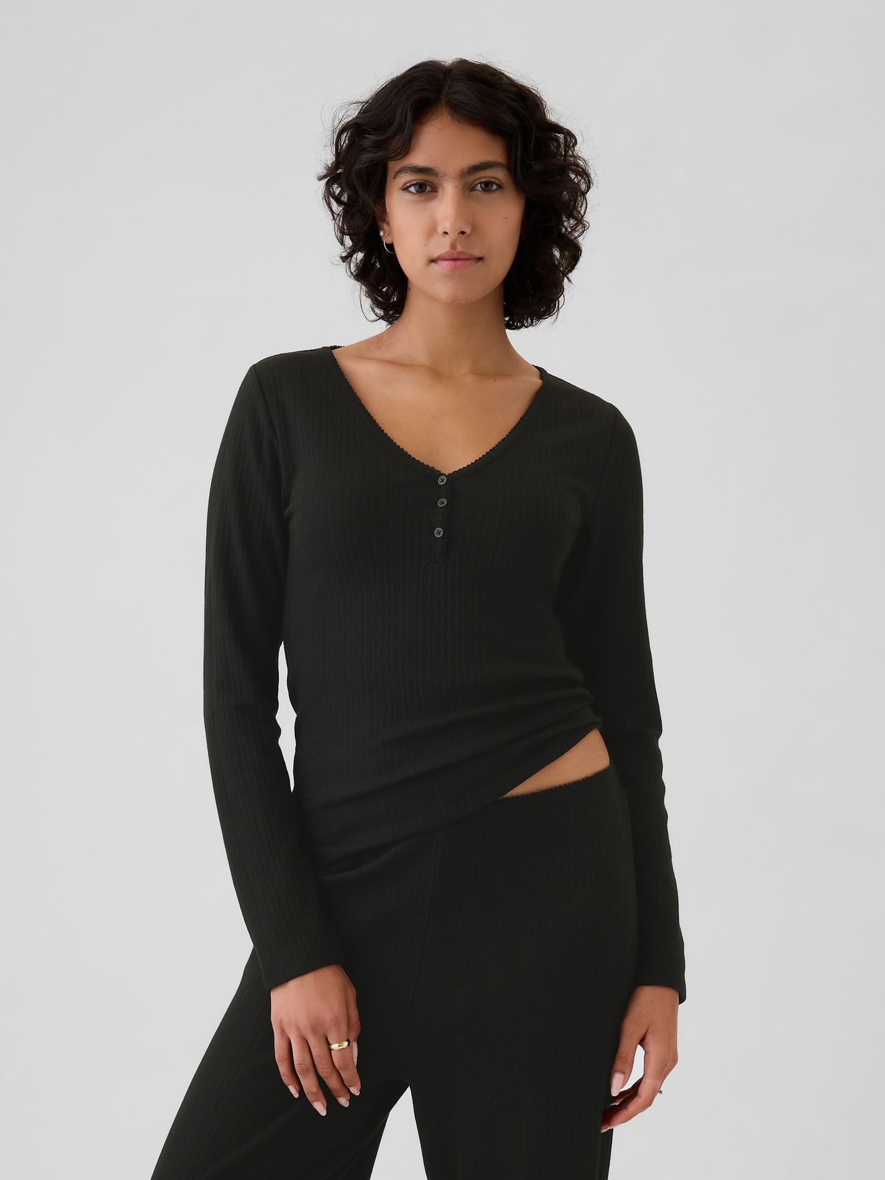 Black Pointelle Henley Pyjama Top - Image 1 of 4