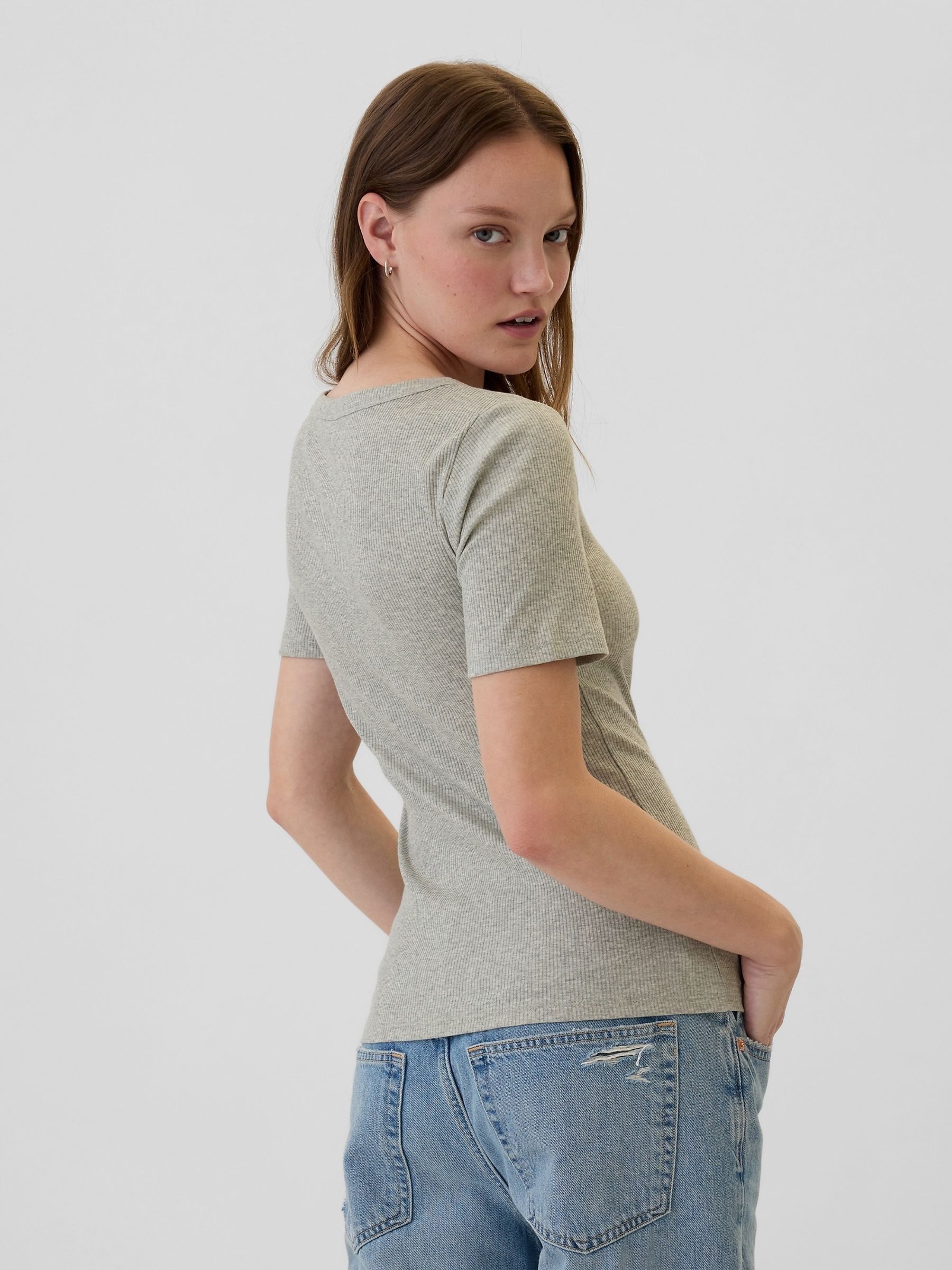Grey Ribbed Scoop Neck Short Sleeve T-Shirt - Image 2 of 5