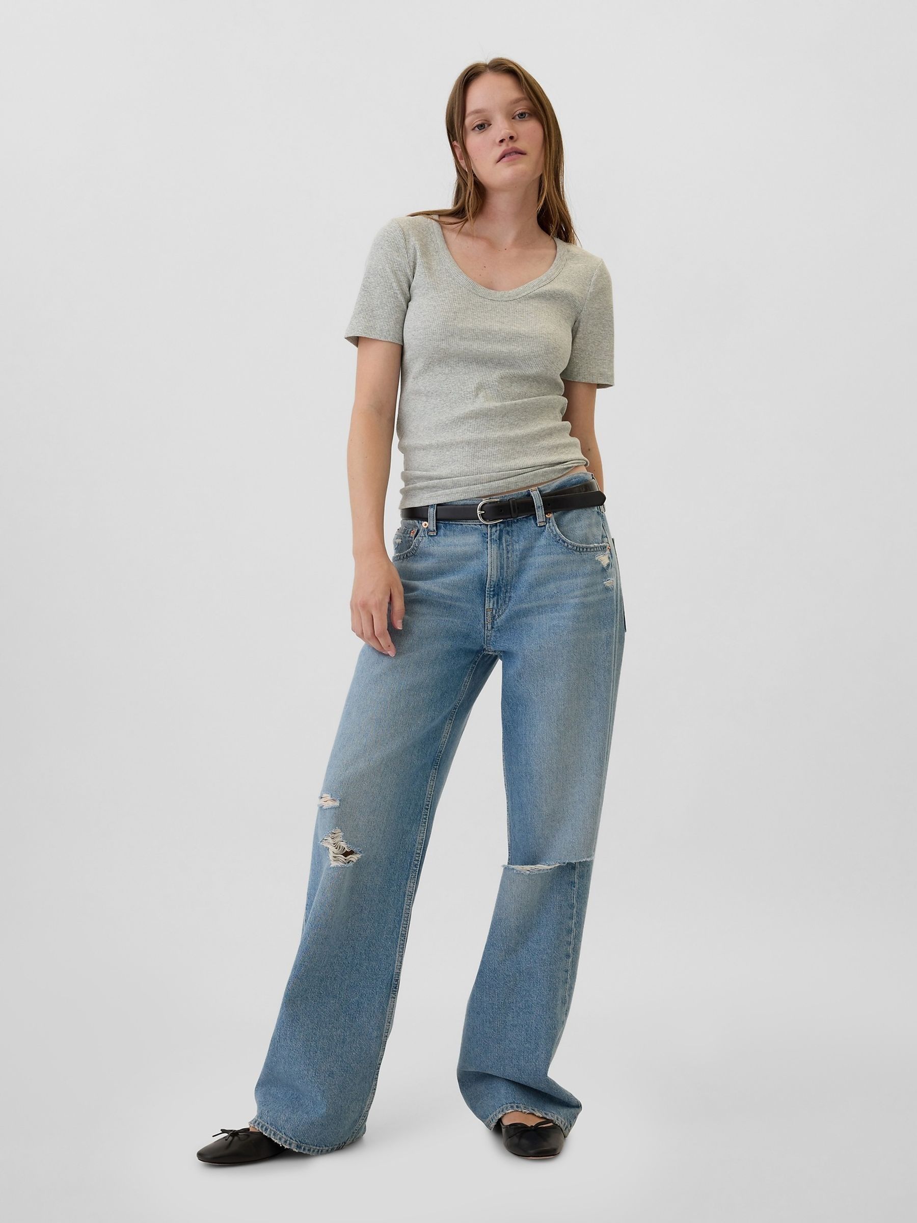 Grey Ribbed Scoop Neck Short Sleeve T-Shirt - Image 3 of 5