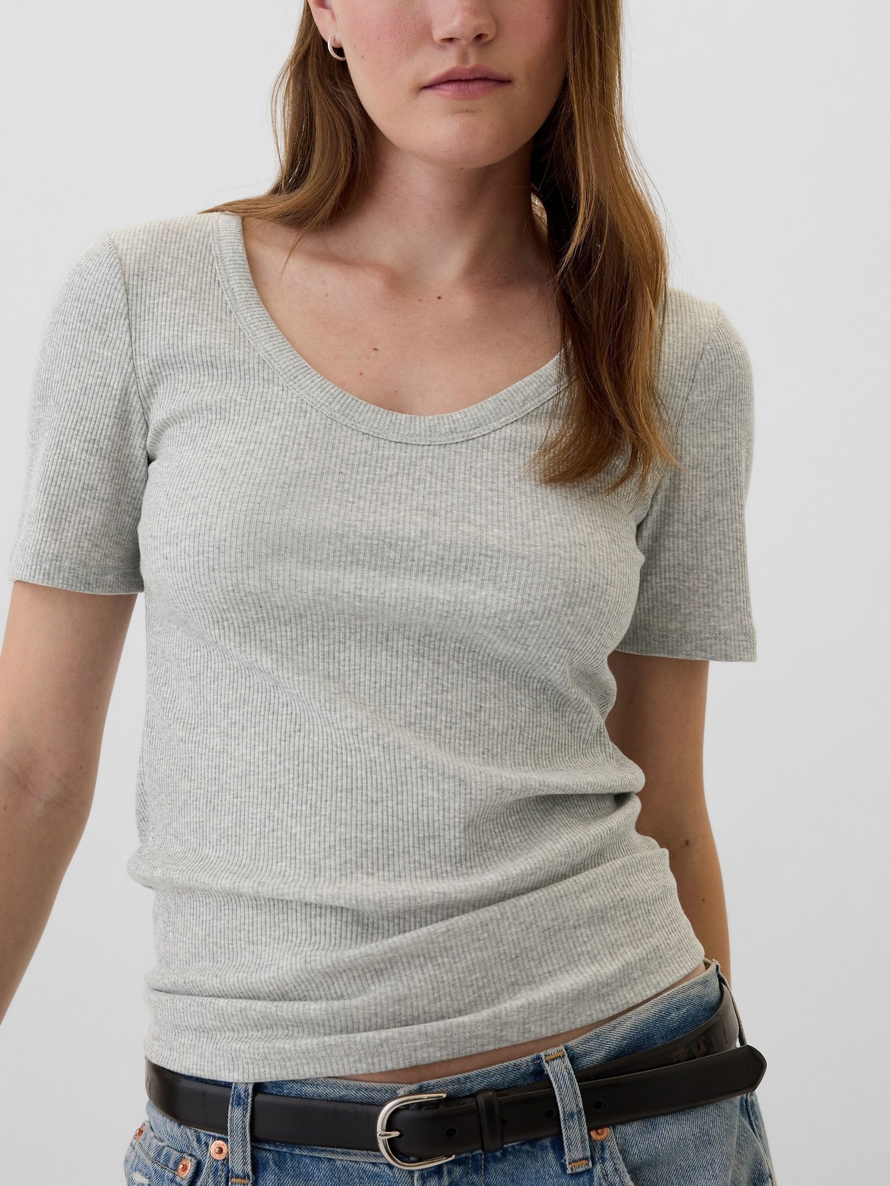 Grey Ribbed Scoop Neck Short Sleeve T-Shirt - Image 4 of 5