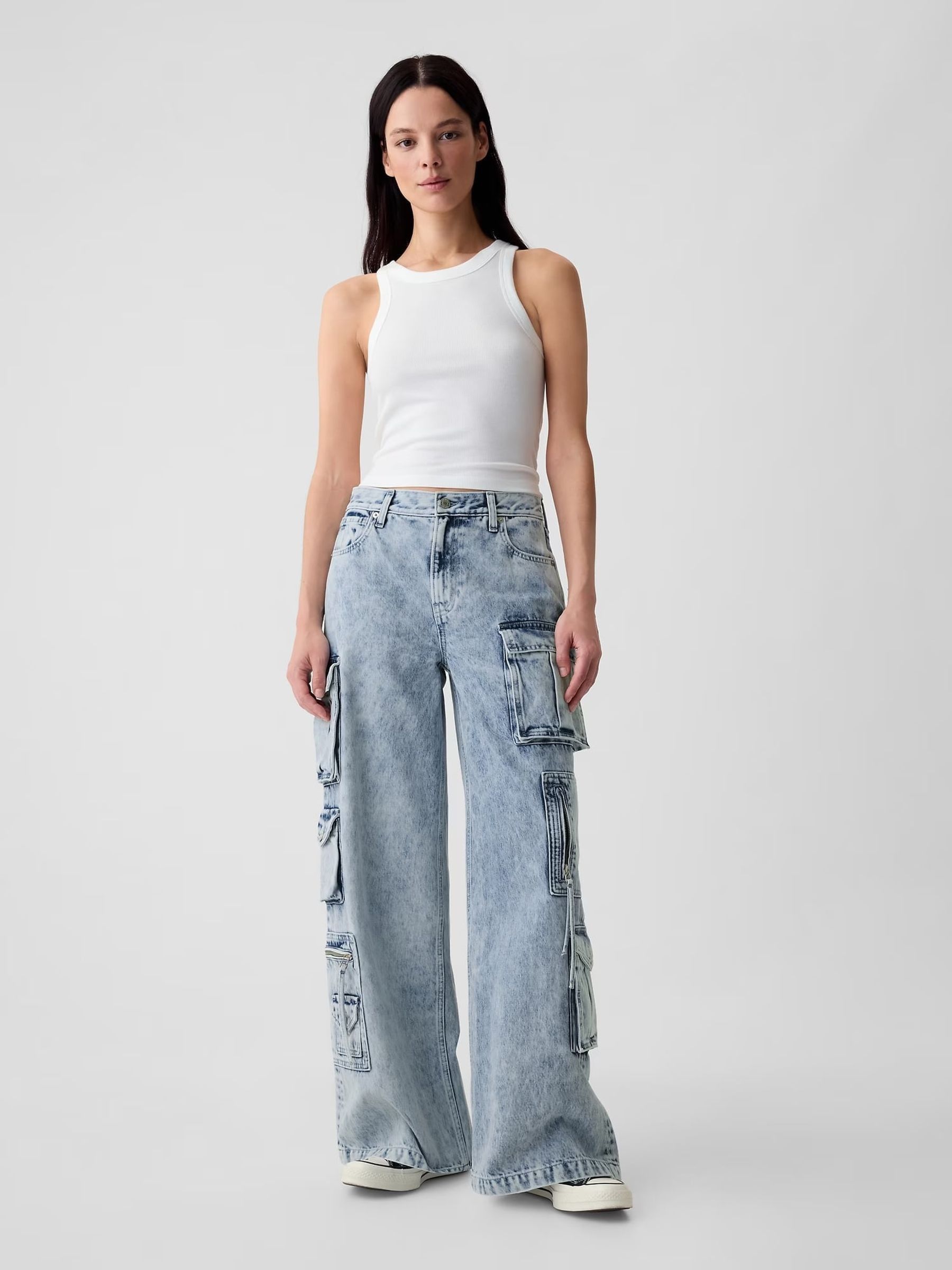 Blue Mid Rise Cargo Baggy Jeans - Image 1 of 4