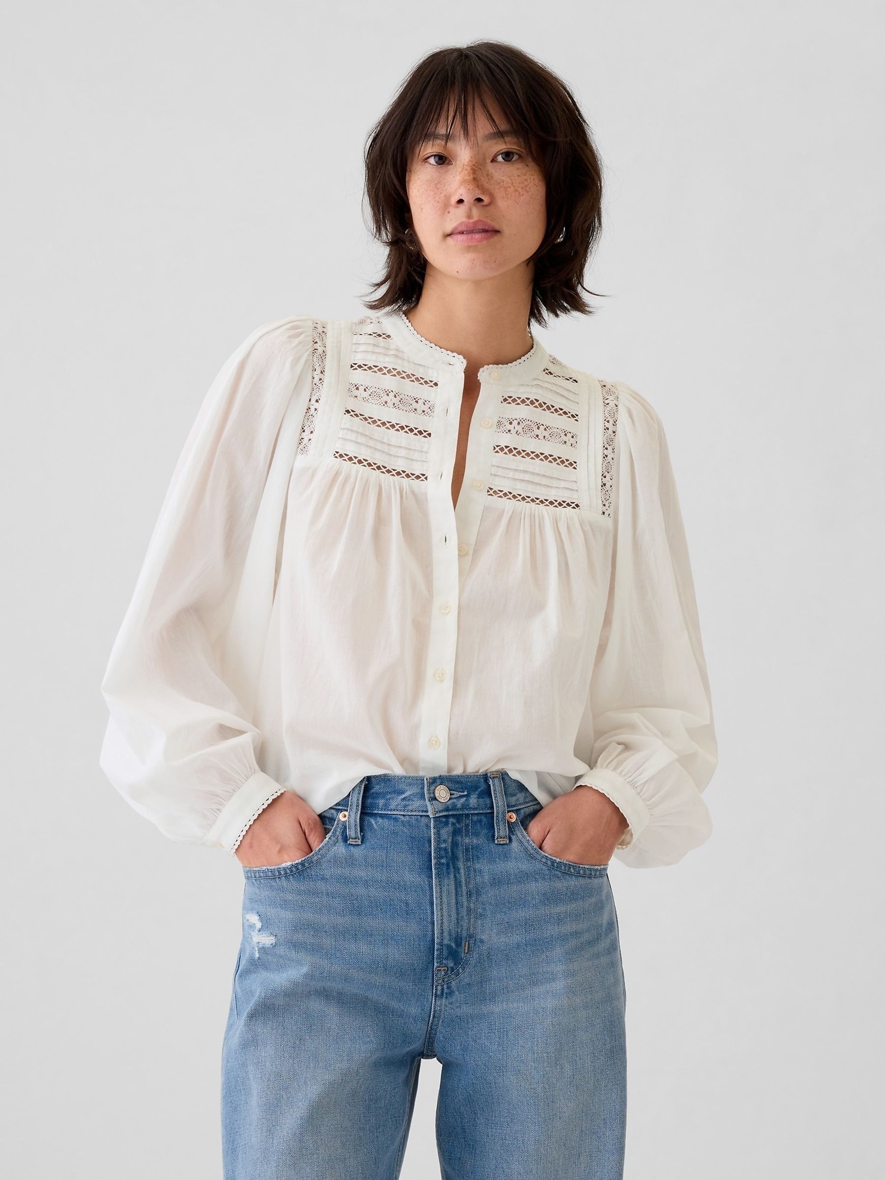 White Lace-Trim Long Sleeve Blouse - Image 1 of 5