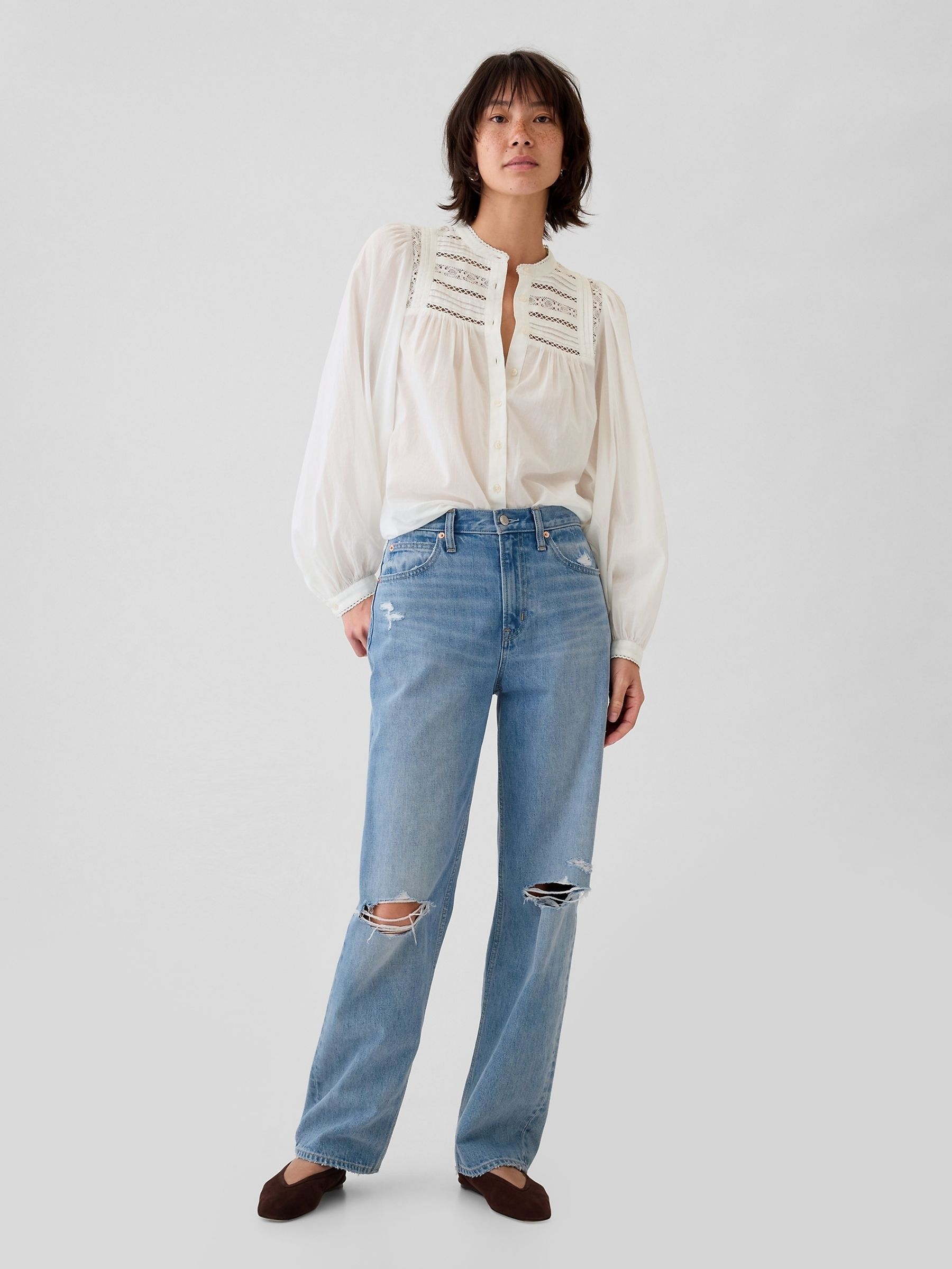 White Lace-Trim Long Sleeve Blouse - Image 3 of 5