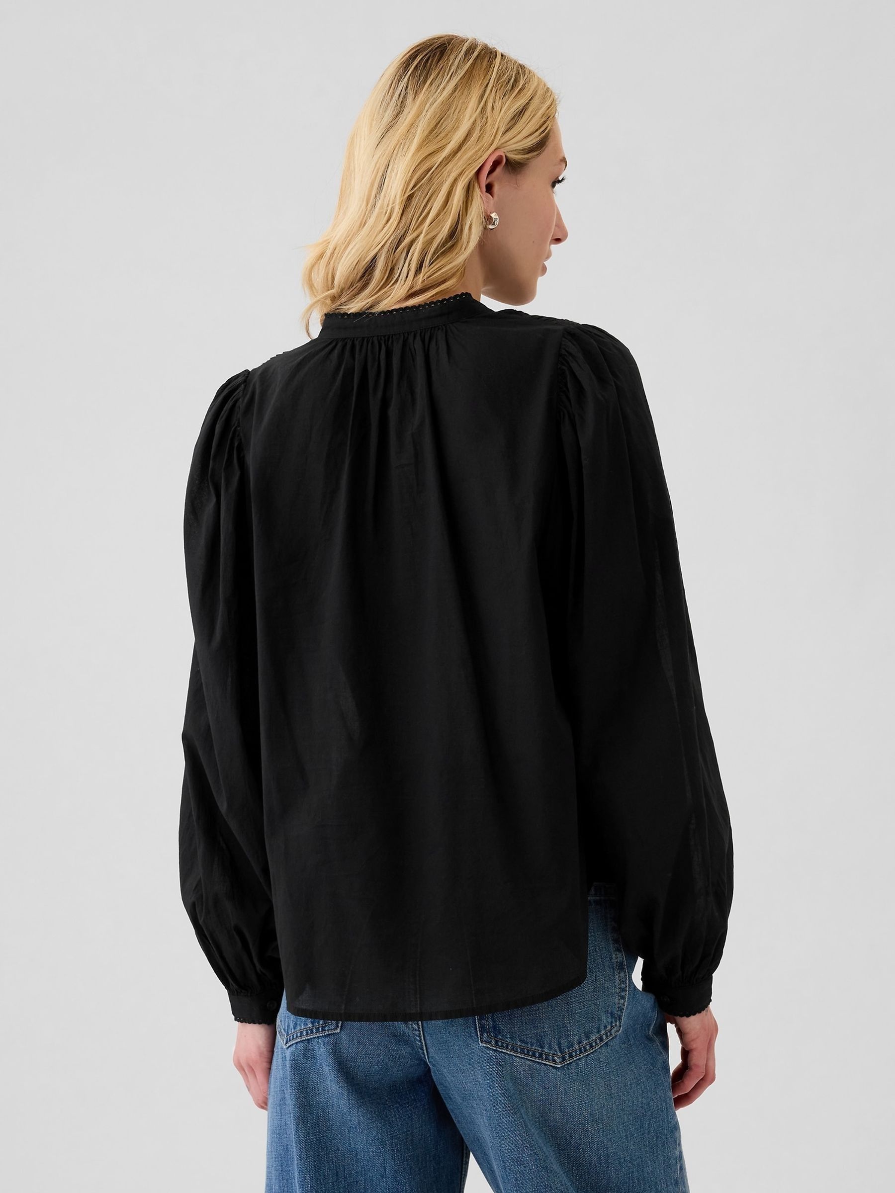 Black Lace-Trim Long Sleeve Blouse - Image 2 of 5