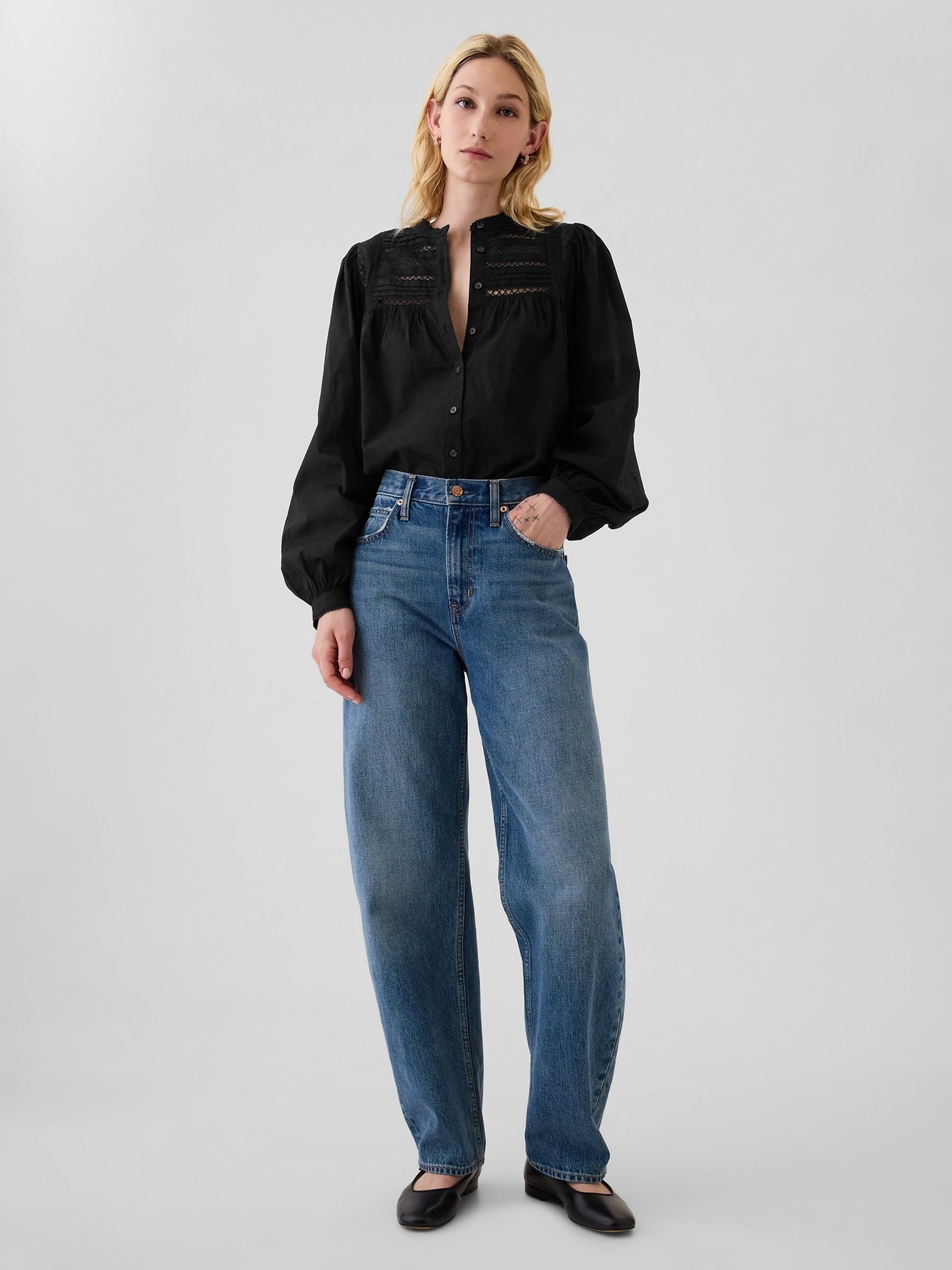 Black Lace-Trim Long Sleeve Blouse - Image 3 of 5