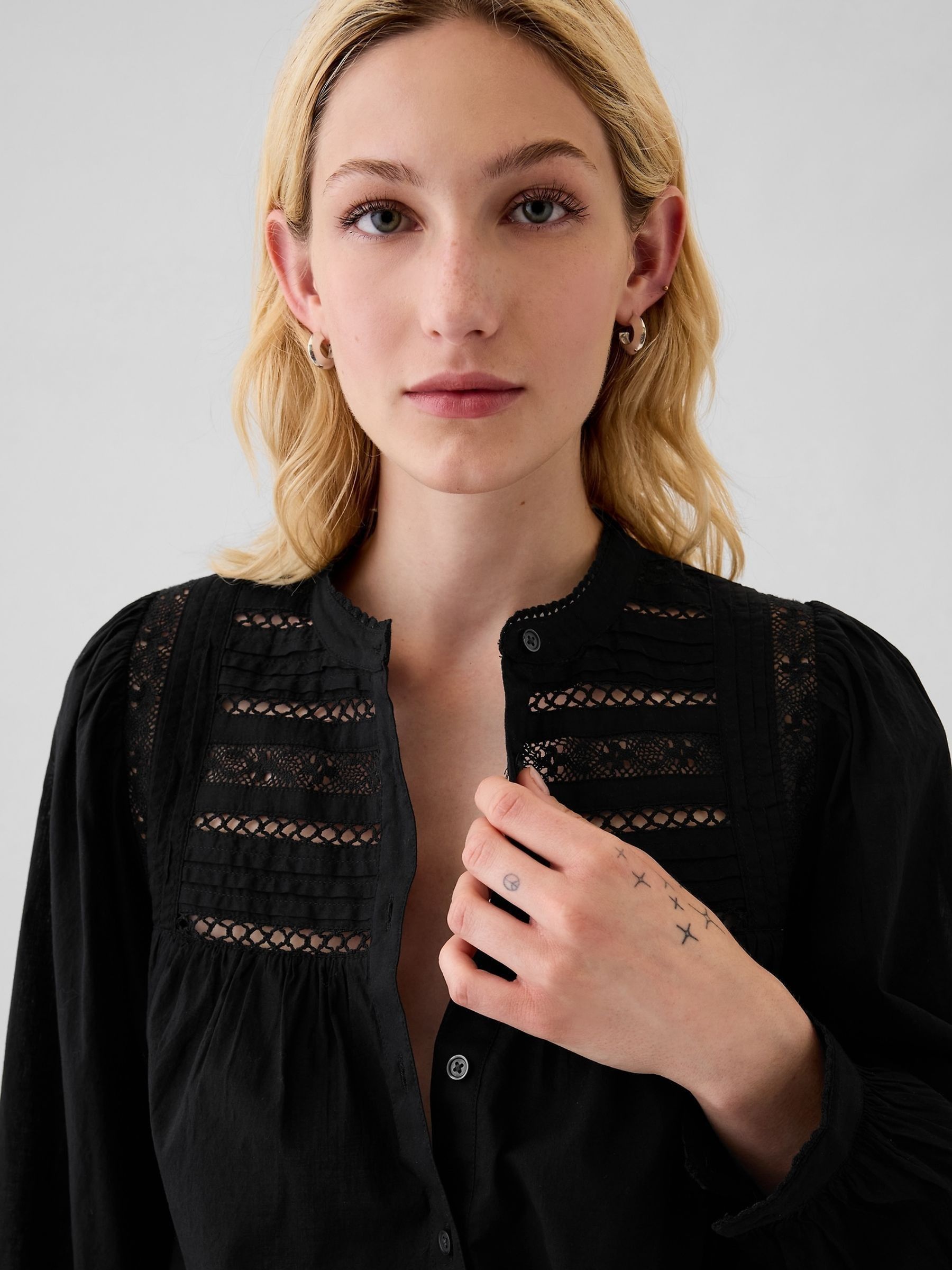 Black Lace-Trim Long Sleeve Blouse - Image 4 of 5