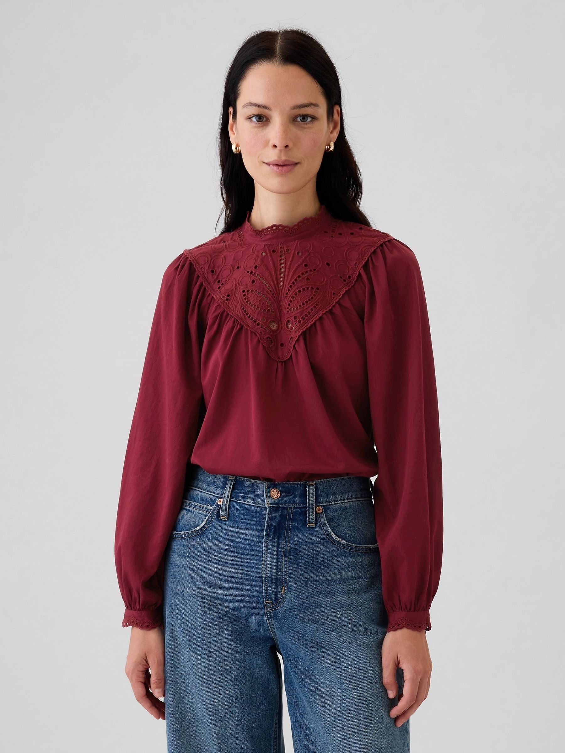 Burgundy Red Crochet Long Sleeve Top - Image 1 of 5