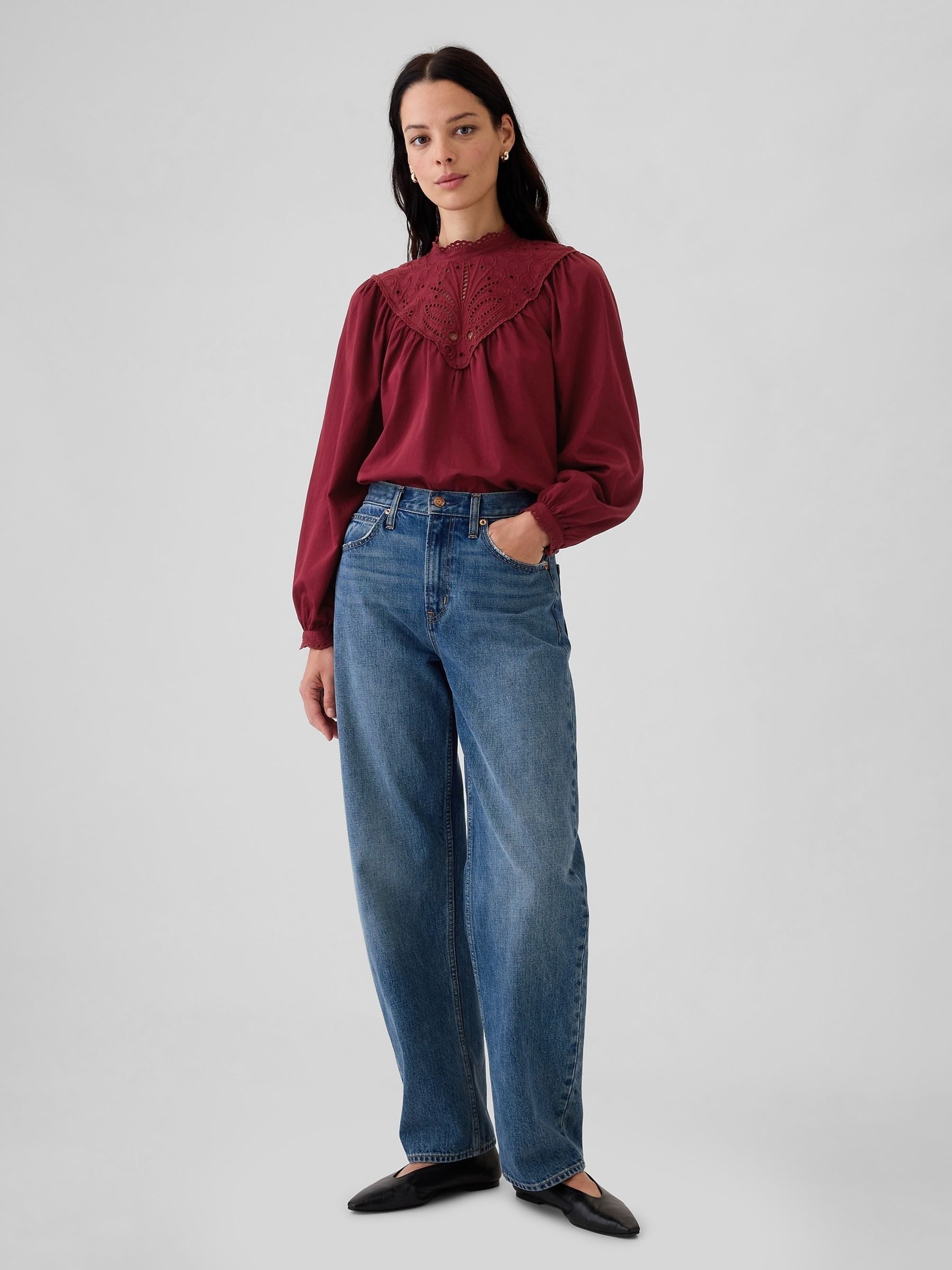 Burgundy Red Crochet Long Sleeve Top - Image 3 of 5