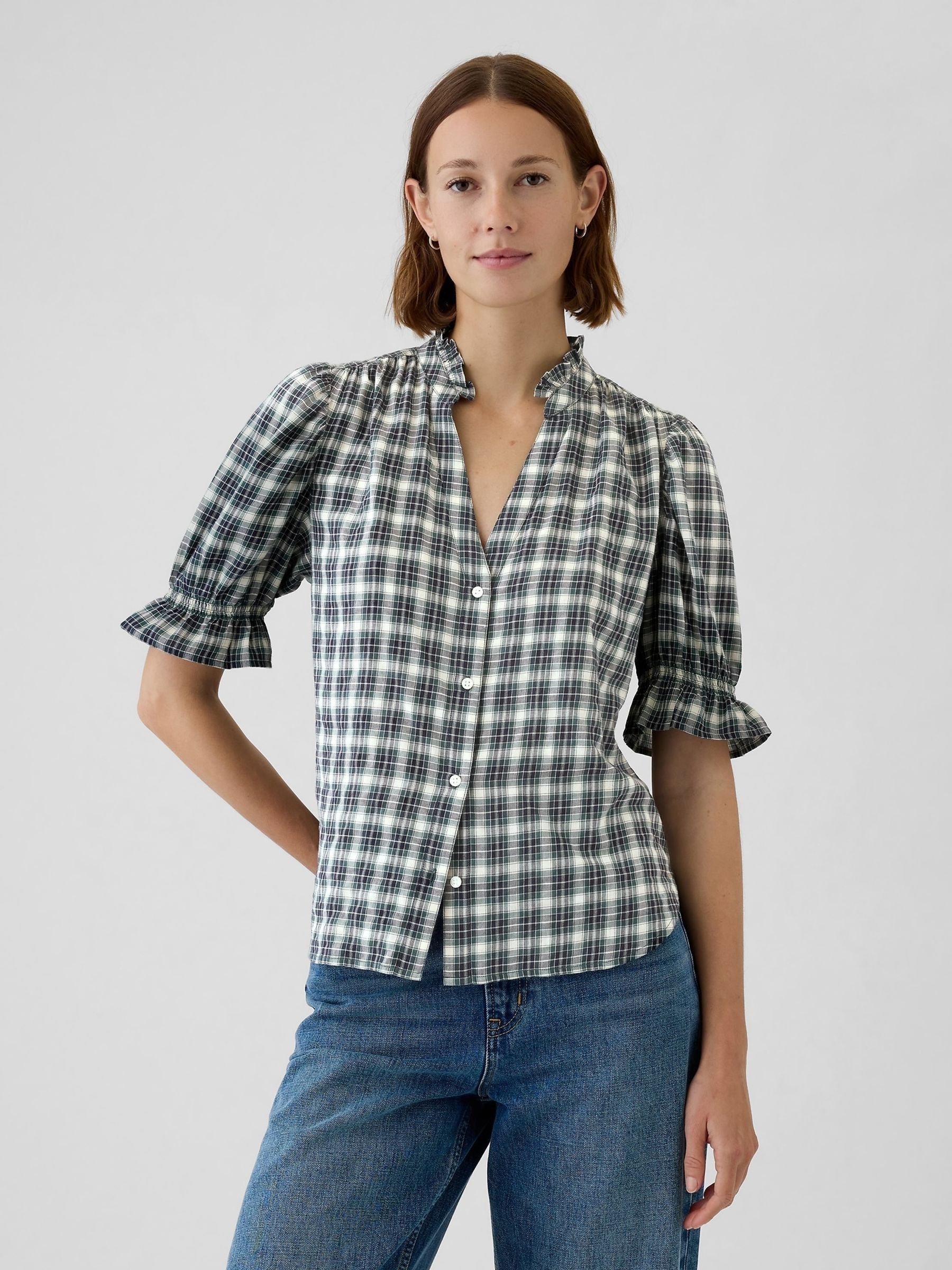 Green Check Ruffled Puff Sleeve Shirt - Image 1 of 5