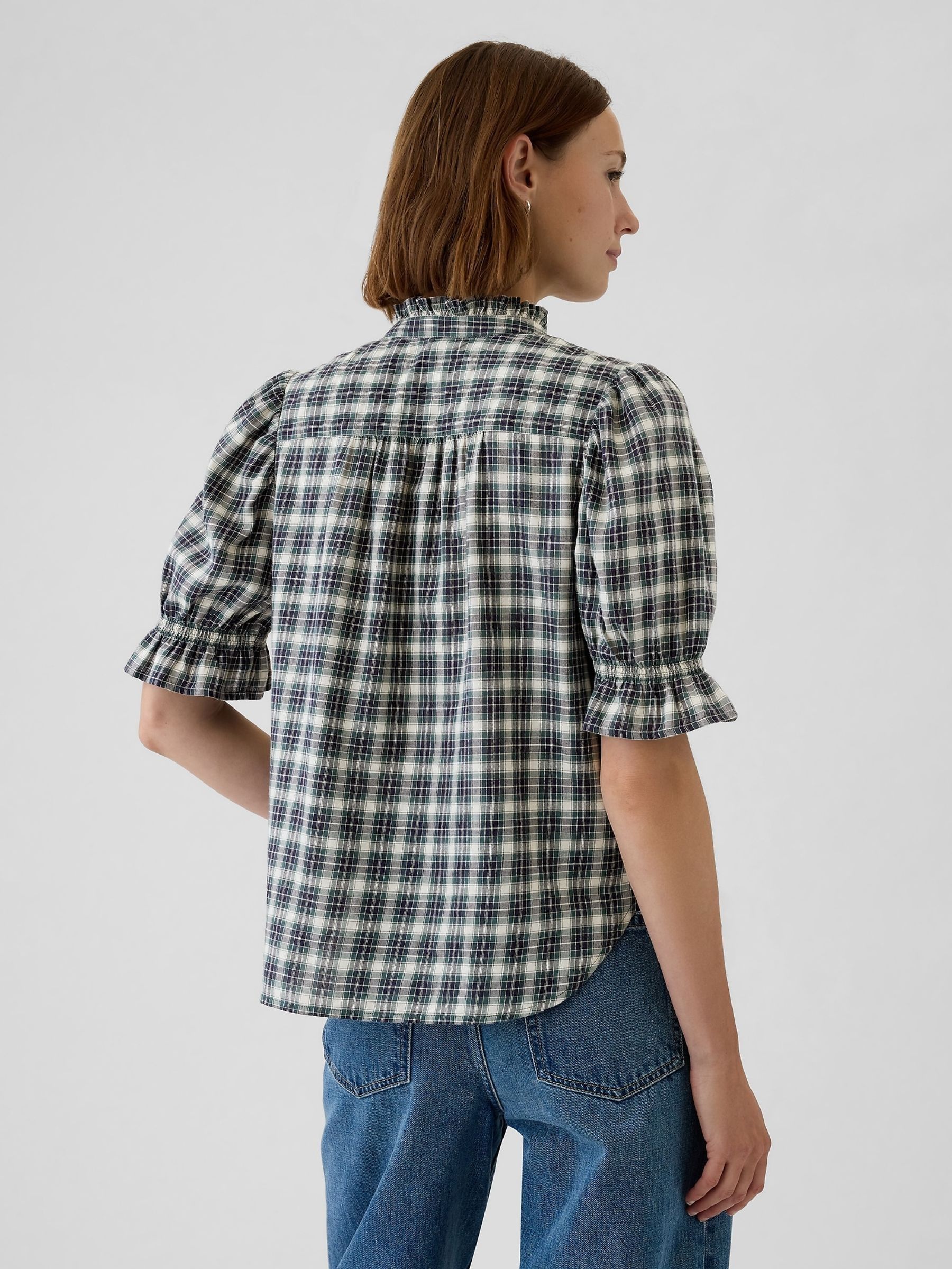 Green Check Ruffled Puff Sleeve Shirt - Image 2 of 5