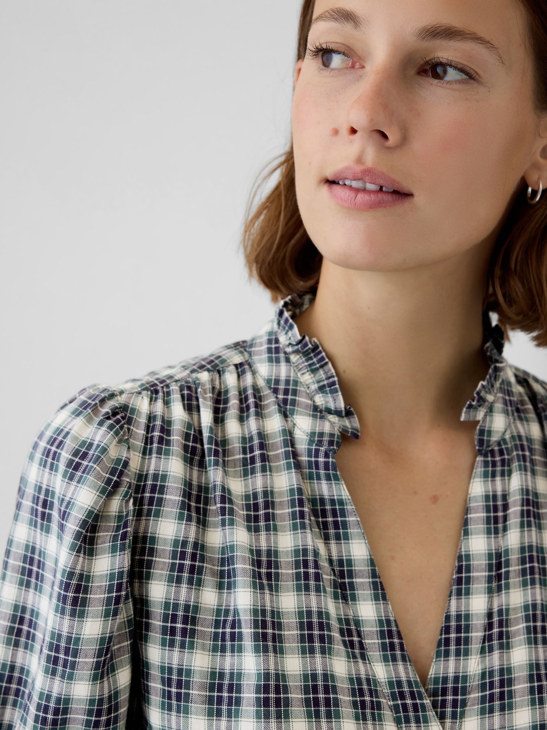 Green Check Ruffled Puff Sleeve Shirt - Image 3 of 5