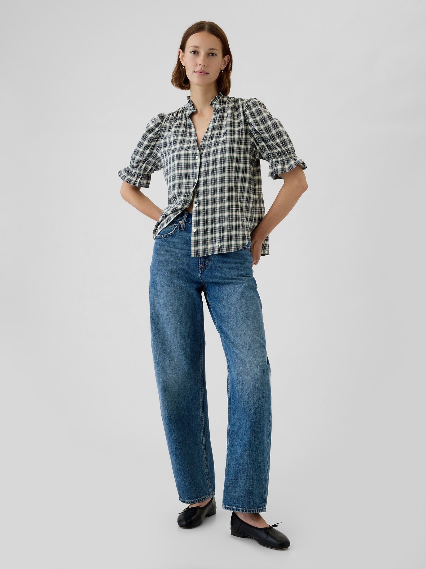 Green Check Ruffled Puff Sleeve Shirt - Image 4 of 5
