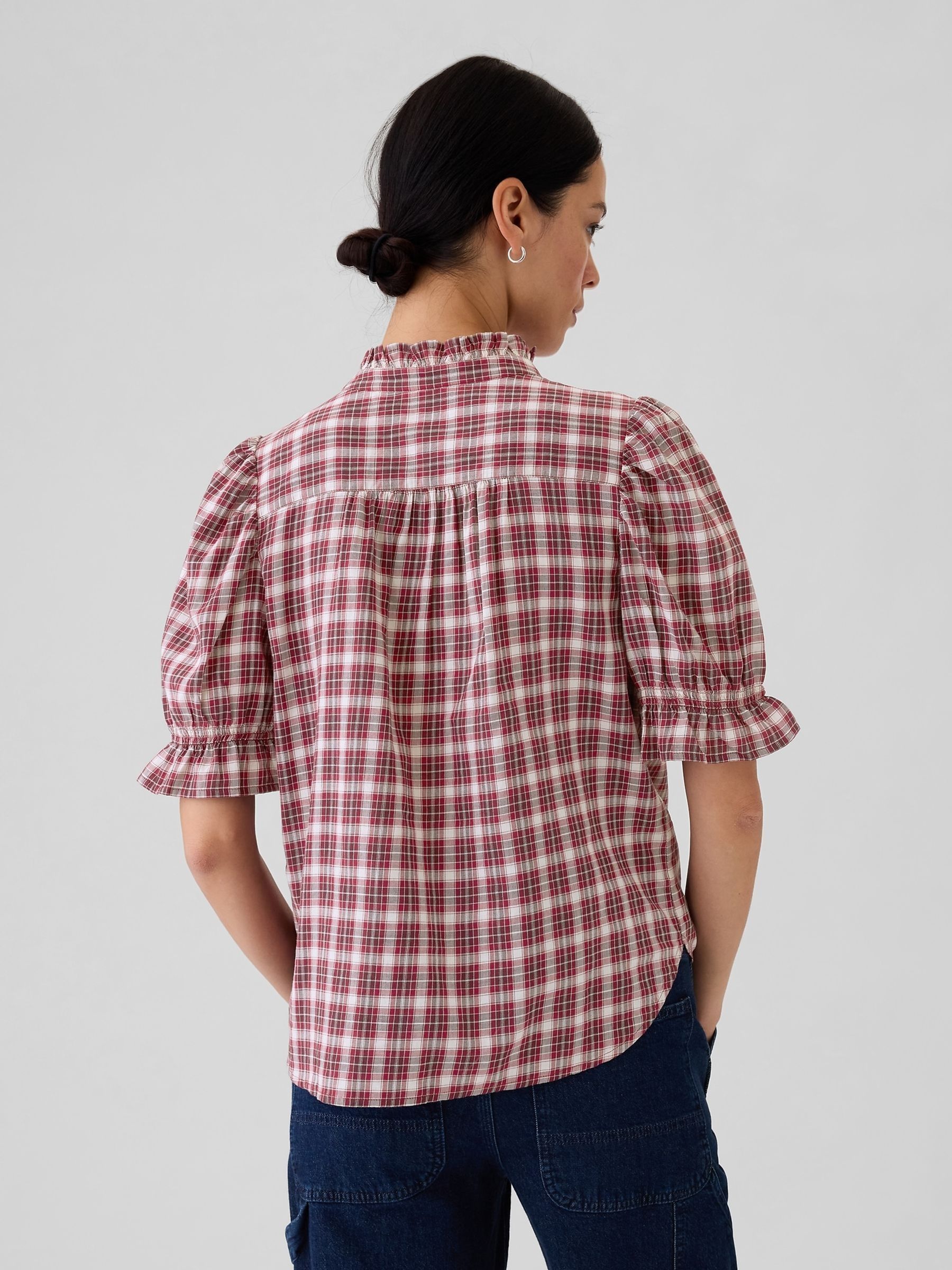 Red Check Ruffled Puff Sleeve Shirt - Image 2 of 2