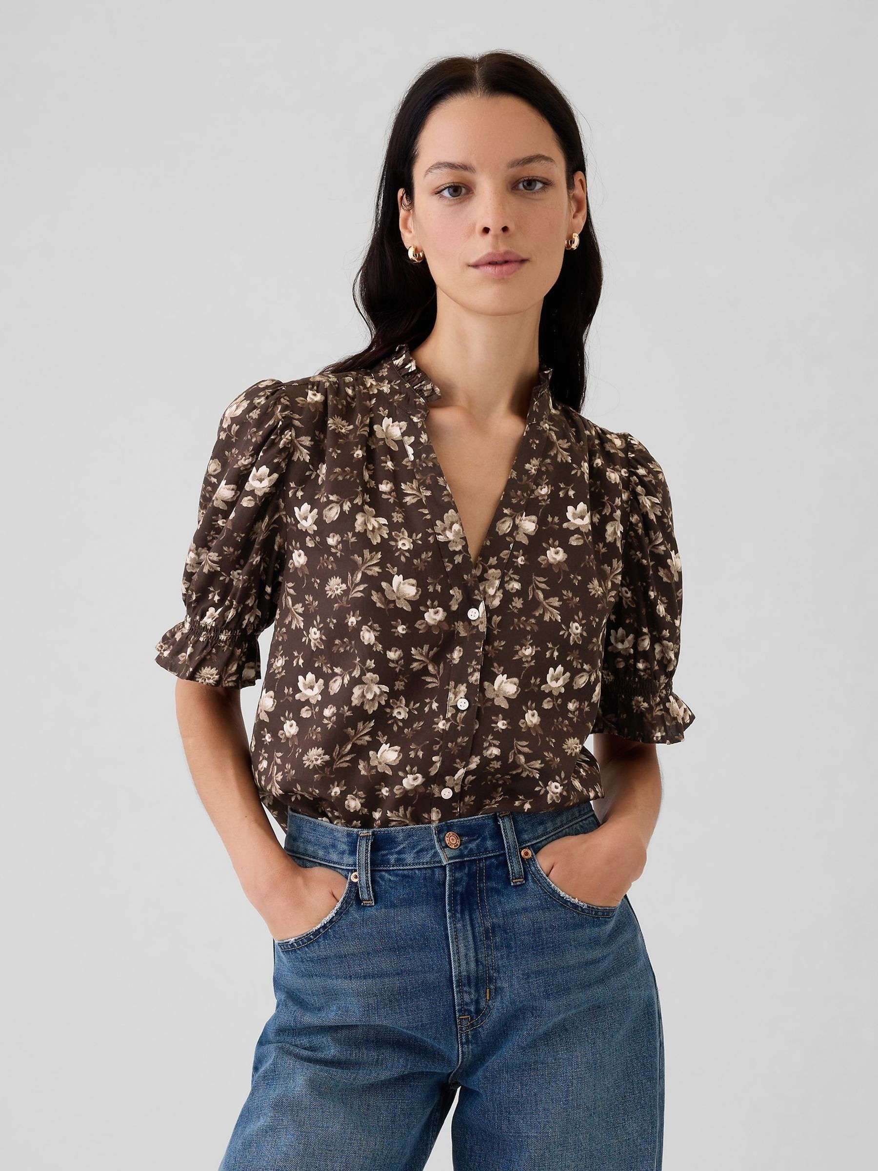 Brown Floral Ruffled Puff Sleeve Shirt - Image 1 of 5