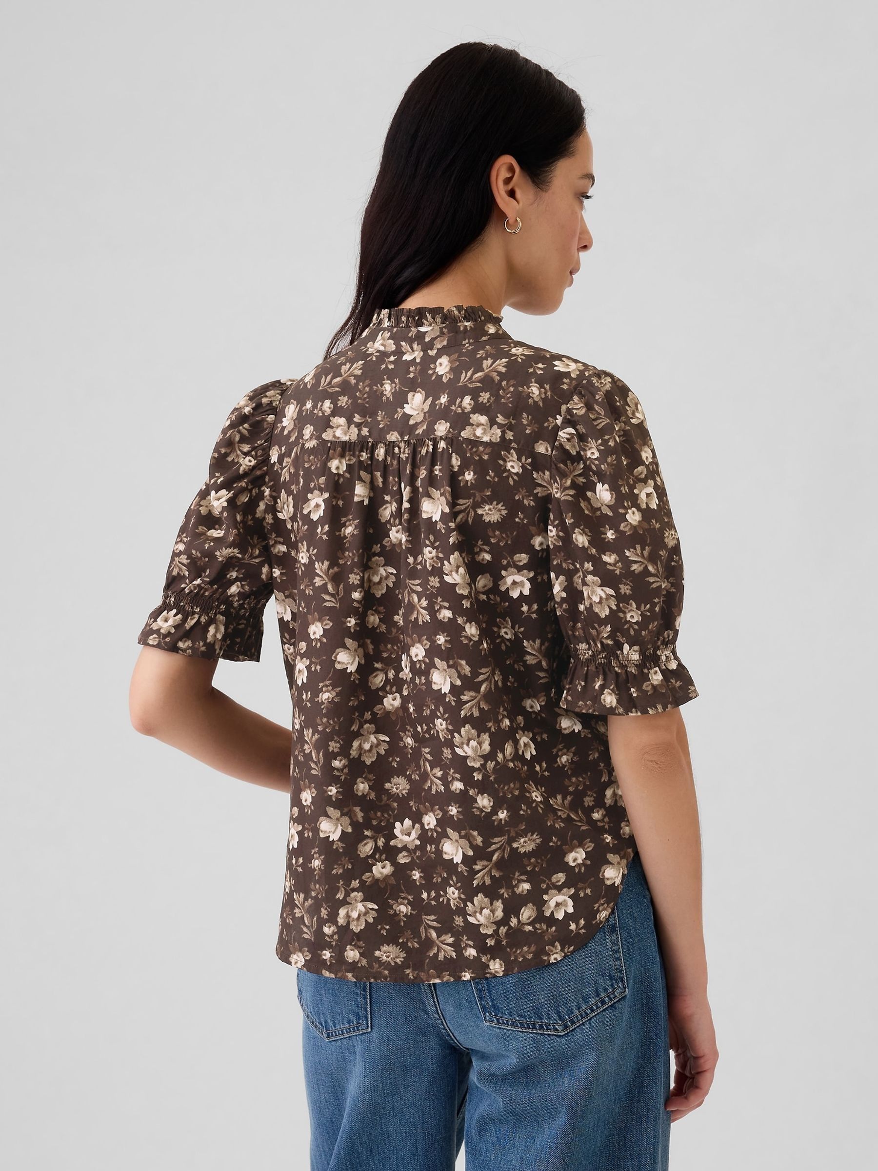 Brown Floral Ruffled Puff Sleeve Shirt - Image 2 of 5