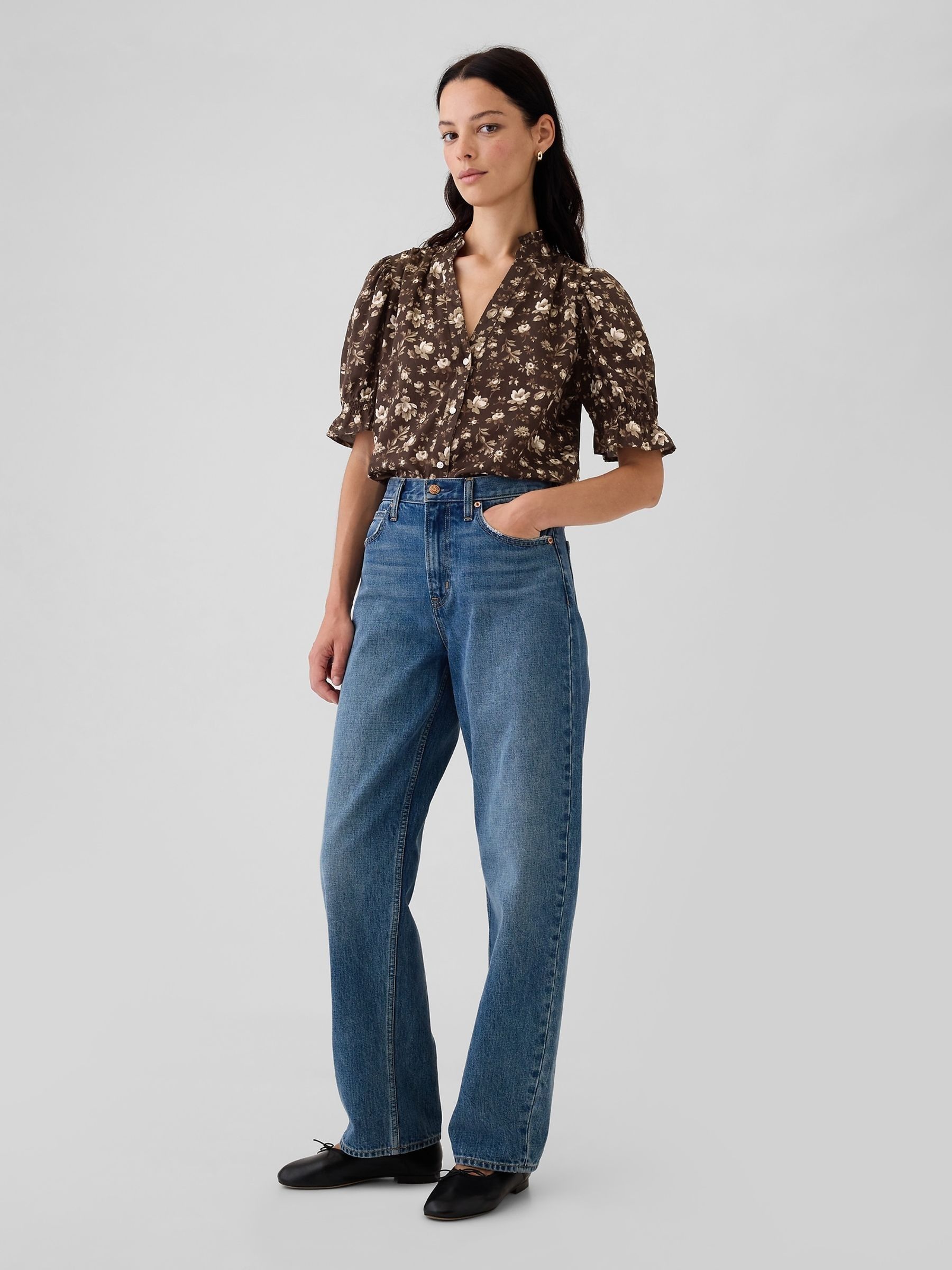 Brown Floral Ruffled Puff Sleeve Shirt - Image 3 of 5
