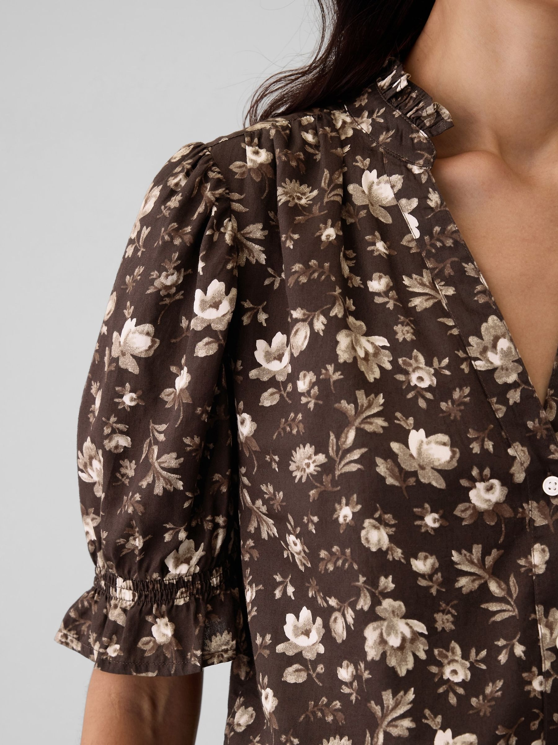 Brown Floral Ruffled Puff Sleeve Shirt - Image 4 of 5