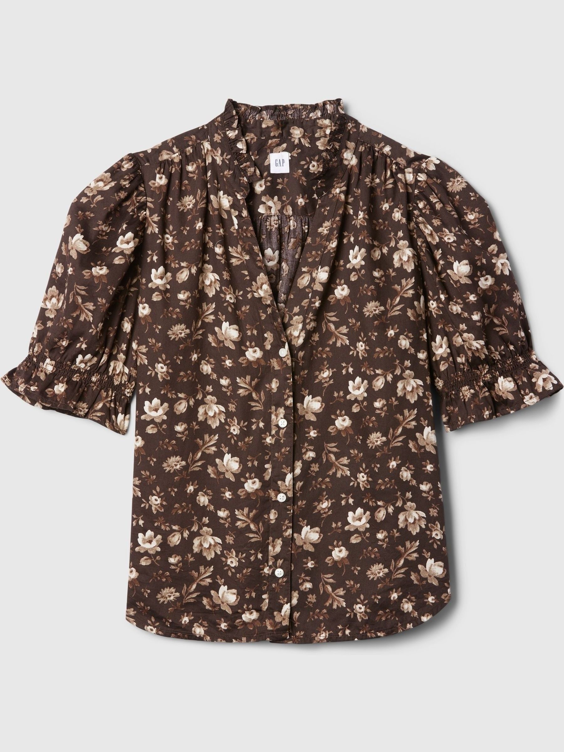 Brown Floral Ruffled Puff Sleeve Shirt - Image 5 of 5