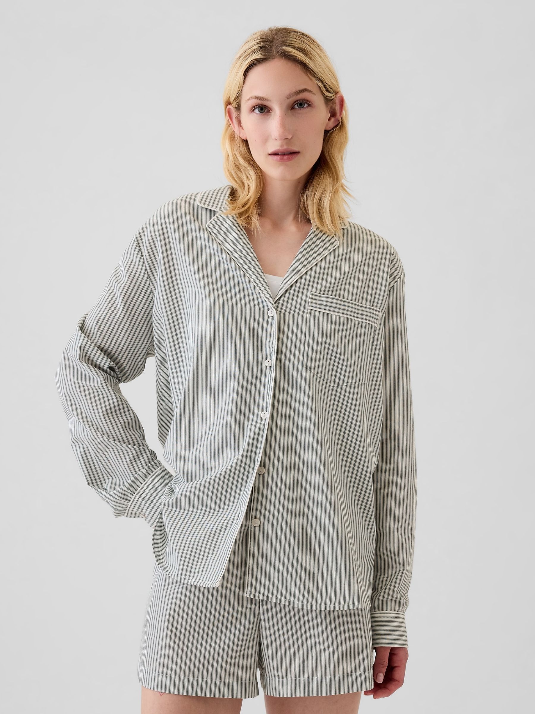 Green Stripe 100% Cotton Poplin Pyjama Top - Image 1 of 5