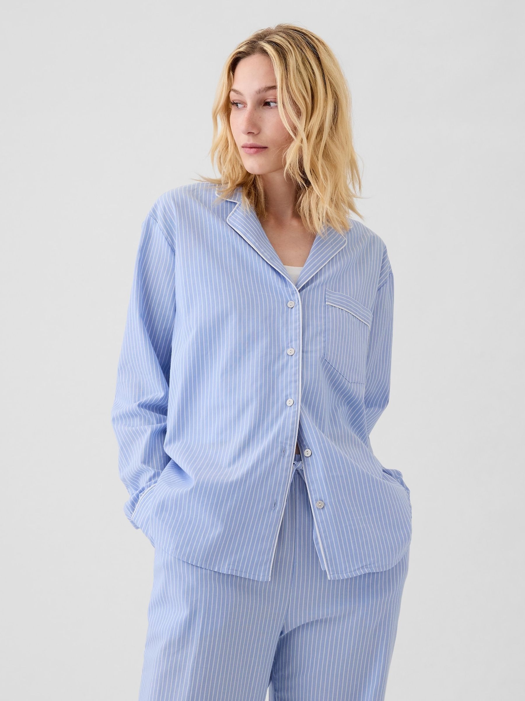 Blue Stripe 100% Cotton Poplin Pyjama Top - Image 1 of 4