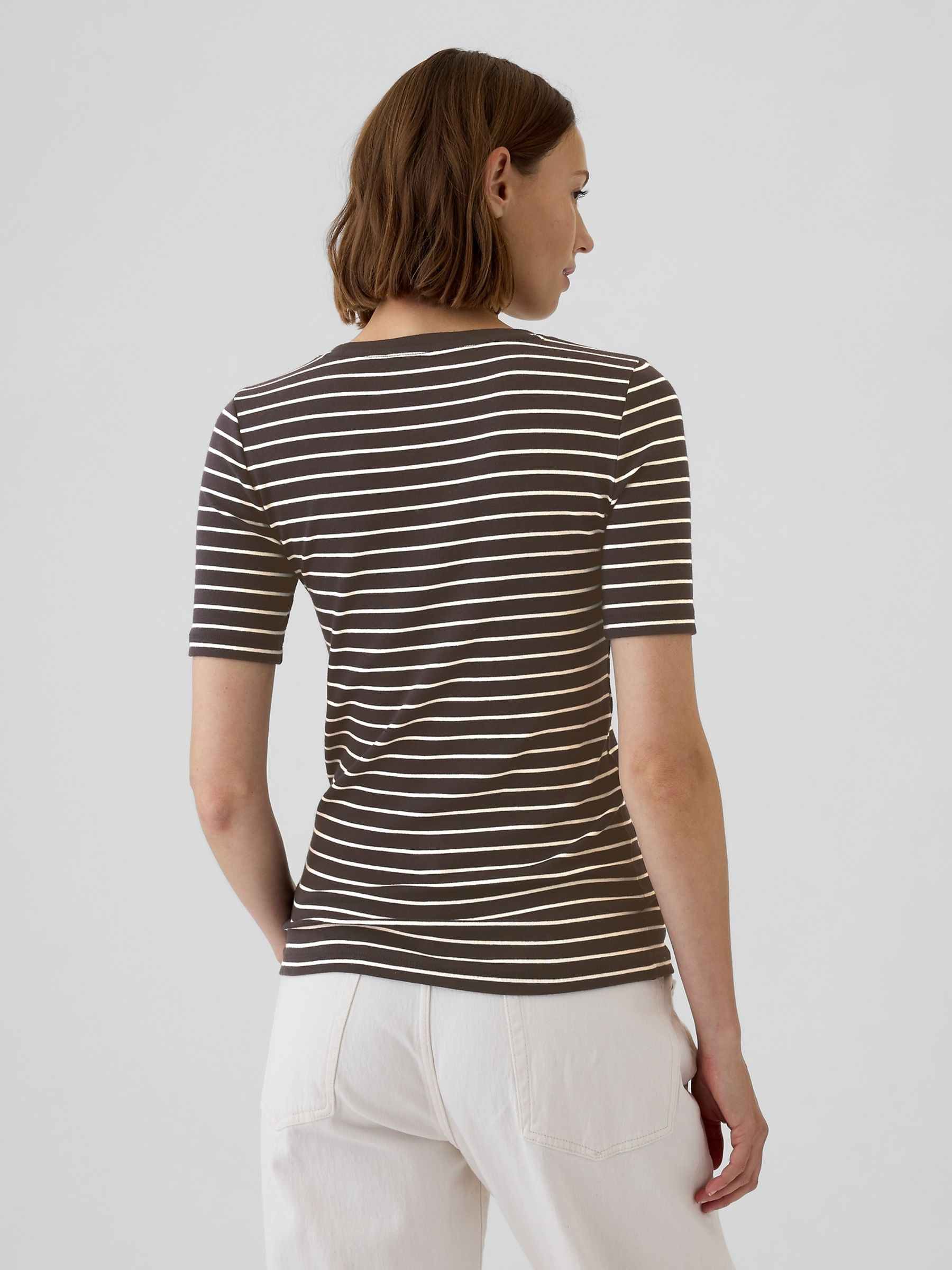 Brown Stripe Short Sleeve Modern Cotton-Modal Crew Neck T-Shirt - Image 2 of 5