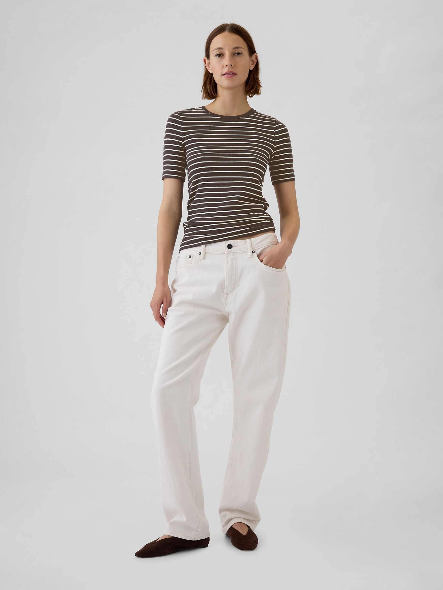 Brown Stripe Short Sleeve Modern Cotton-Modal Crew Neck T-Shirt - Image 3 of 5