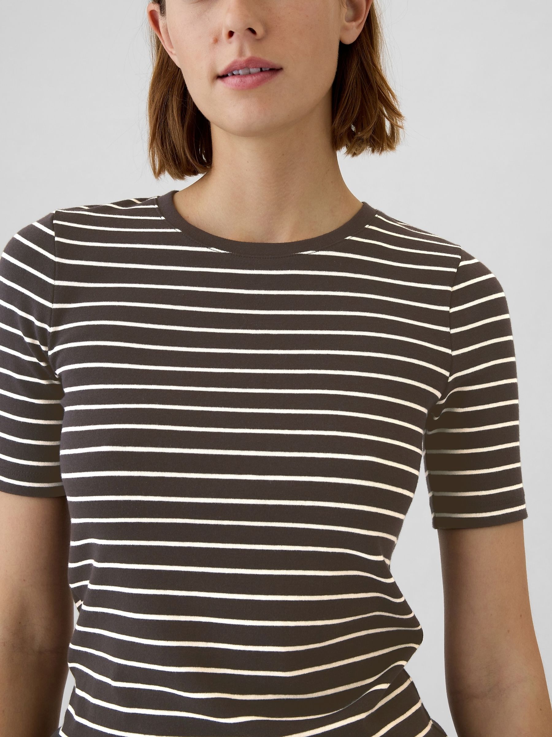 Brown Stripe Short Sleeve Modern Cotton-Modal Crew Neck T-Shirt - Image 4 of 5