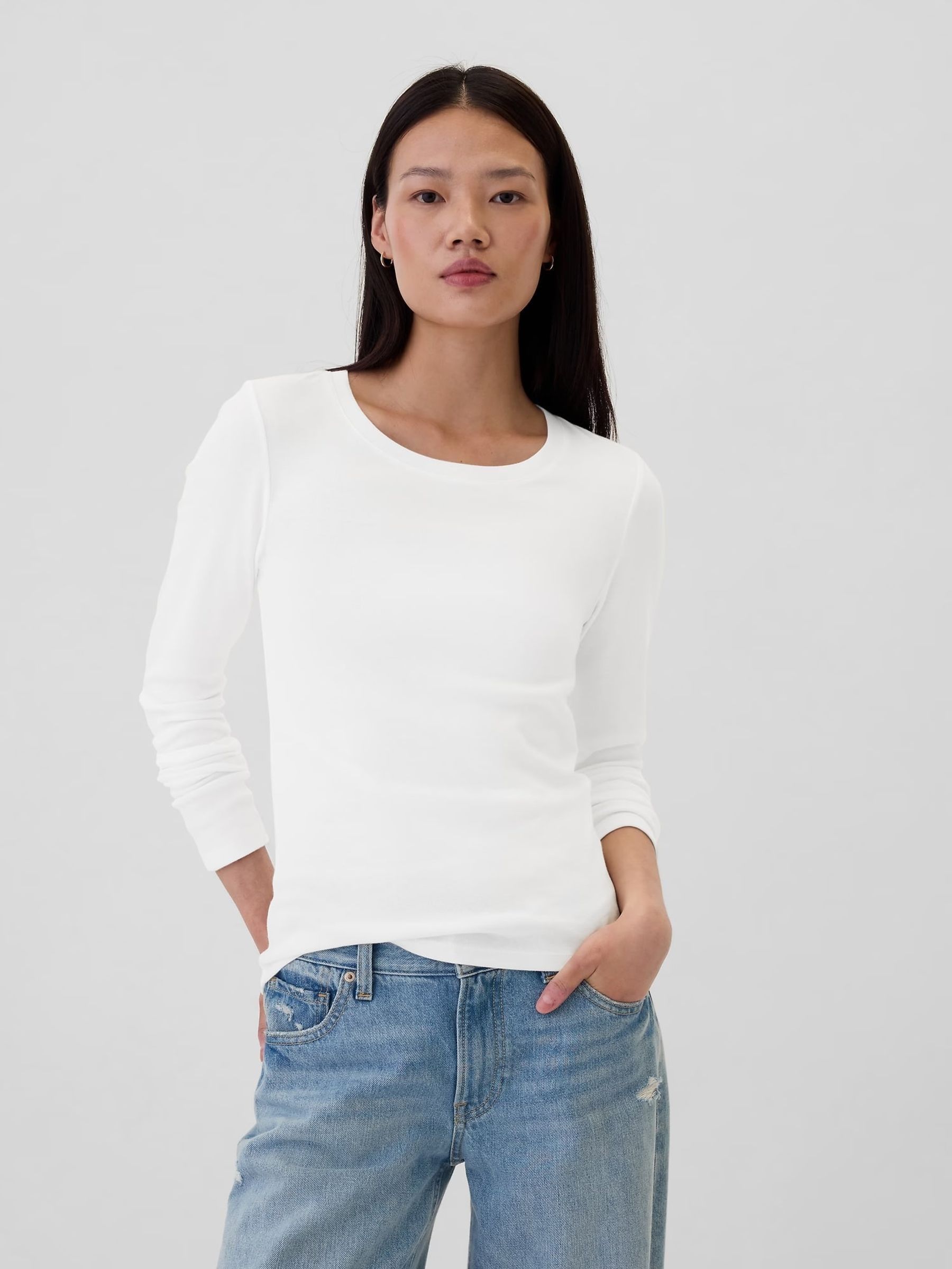 White Favourite Cotton-Modal Crew Neck Long Sleeve T-Shirt - Image 1 of 1